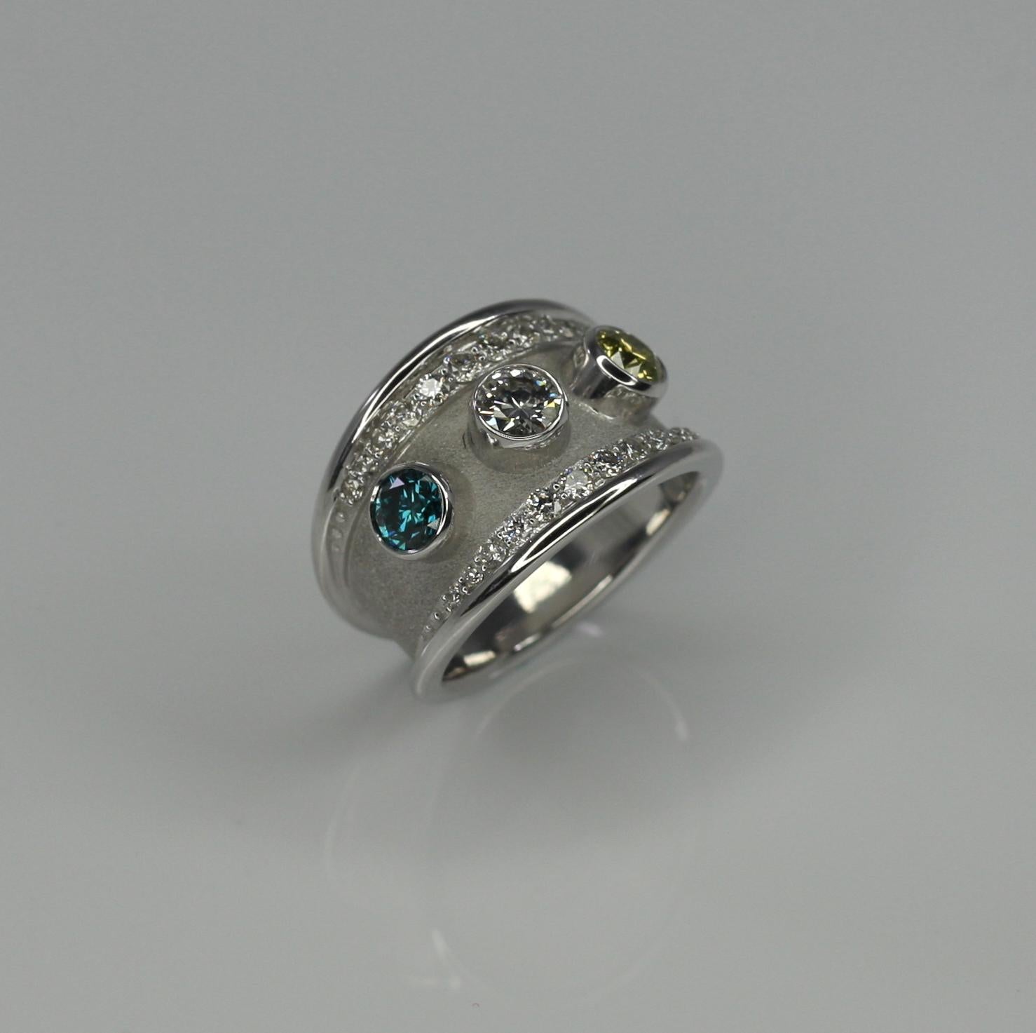 Georgios Collections 18 Karat White Gold Ring with Yellow Blue White Diamond For Sale 2