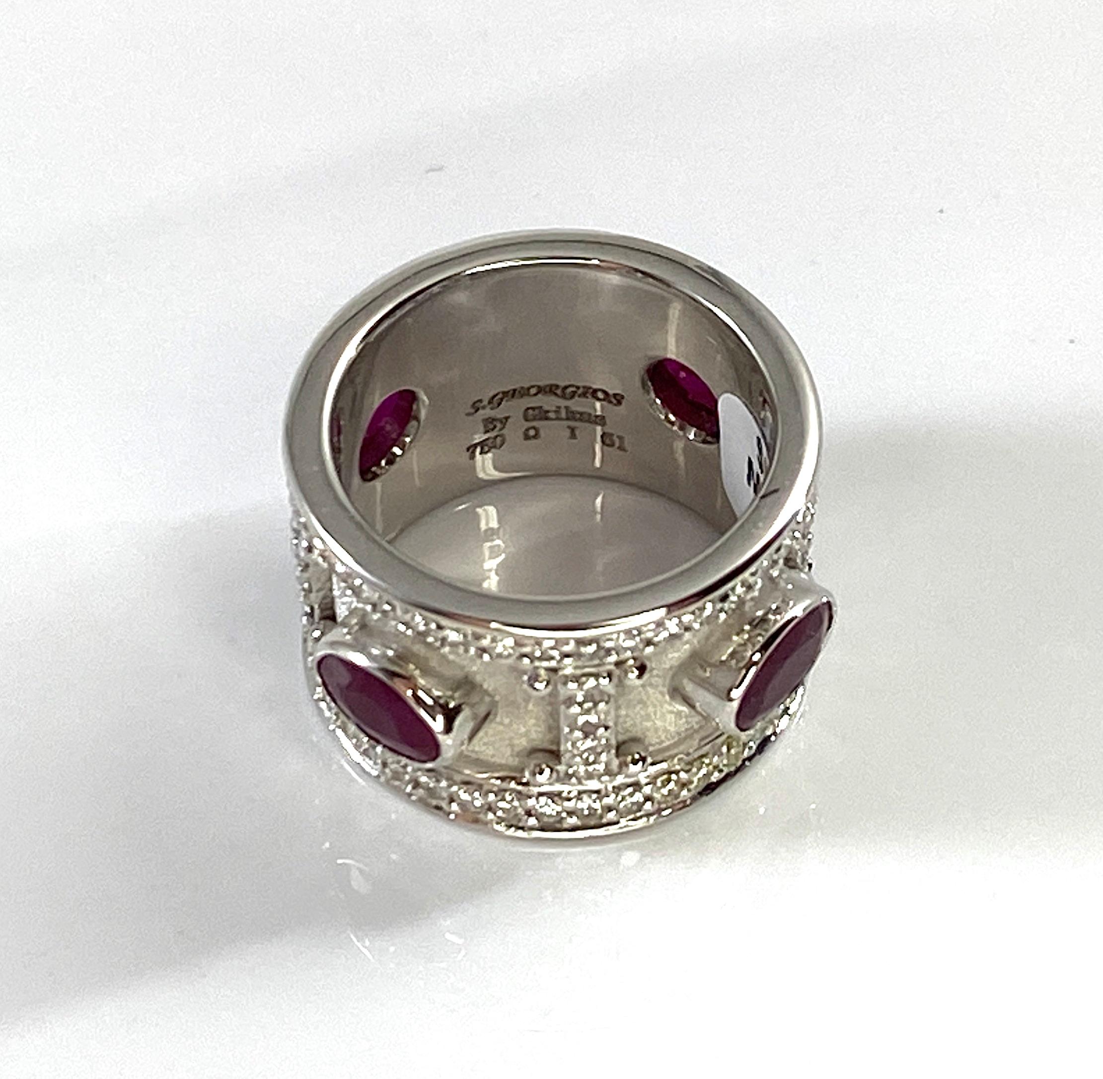 Georgios Collections 18 Karat White Gold Ruby and Diamond Wide Band Ring For Sale 4