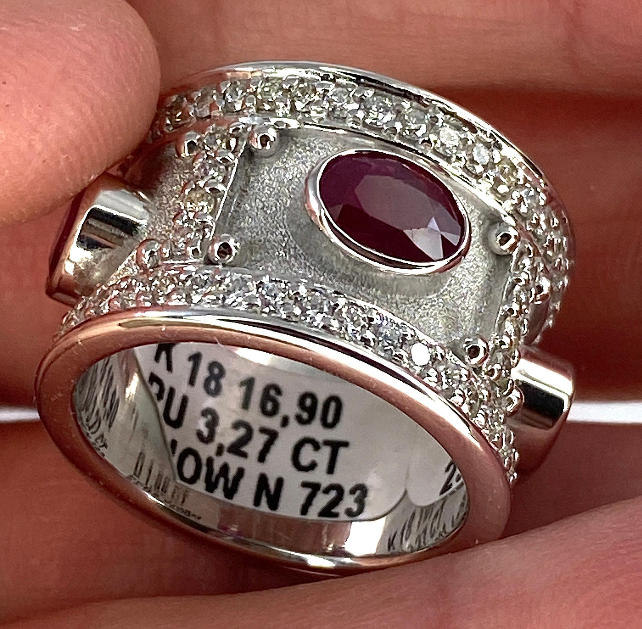 Byzantine Georgios Collections 18 Karat White Gold Ruby and Diamond Wide Band Ring For Sale
