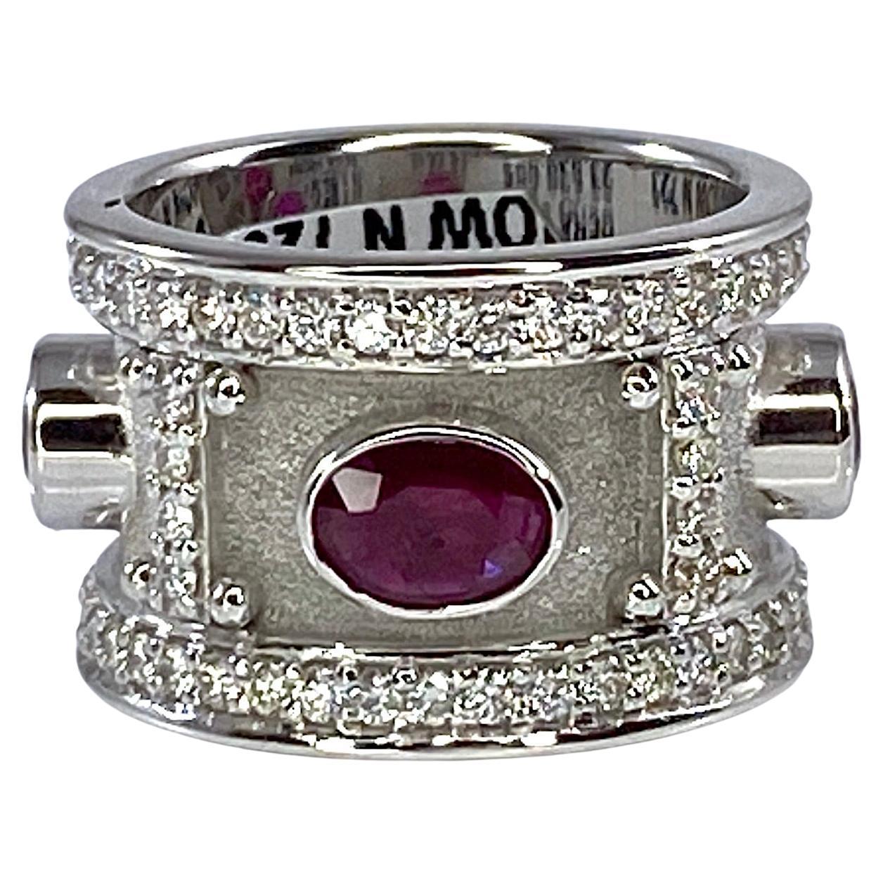 Women's or Men's Georgios Collections 18 Karat White Gold Ruby and Diamond Wide Band Ring For Sale