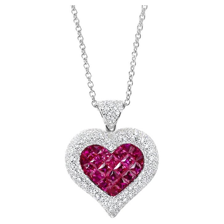 Georgios Collections 18 Karat White Gold Ruby Heart and Diamond Pendant Necklace