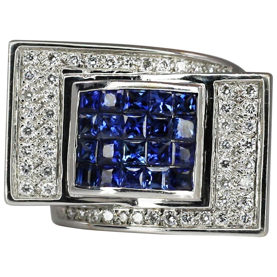 Georgios Collections 18 Karat White Gold Sapphire Diamond Geometric Band Ring For Sale