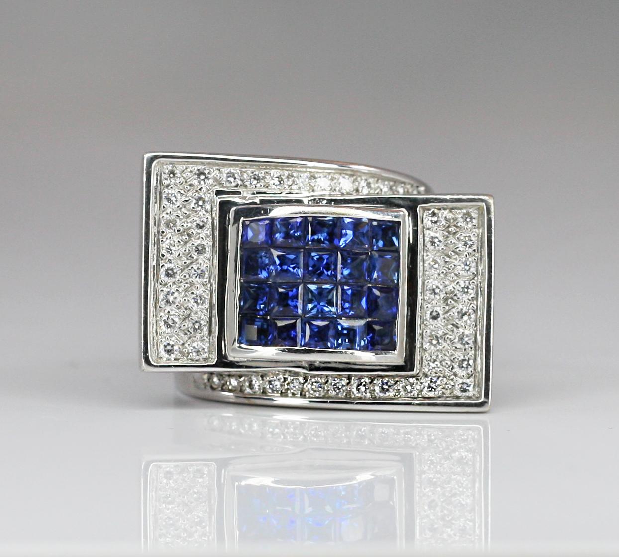 Georgios Collections 18 Karat White Gold Sapphire Diamond Geometric Band Ring For Sale 10