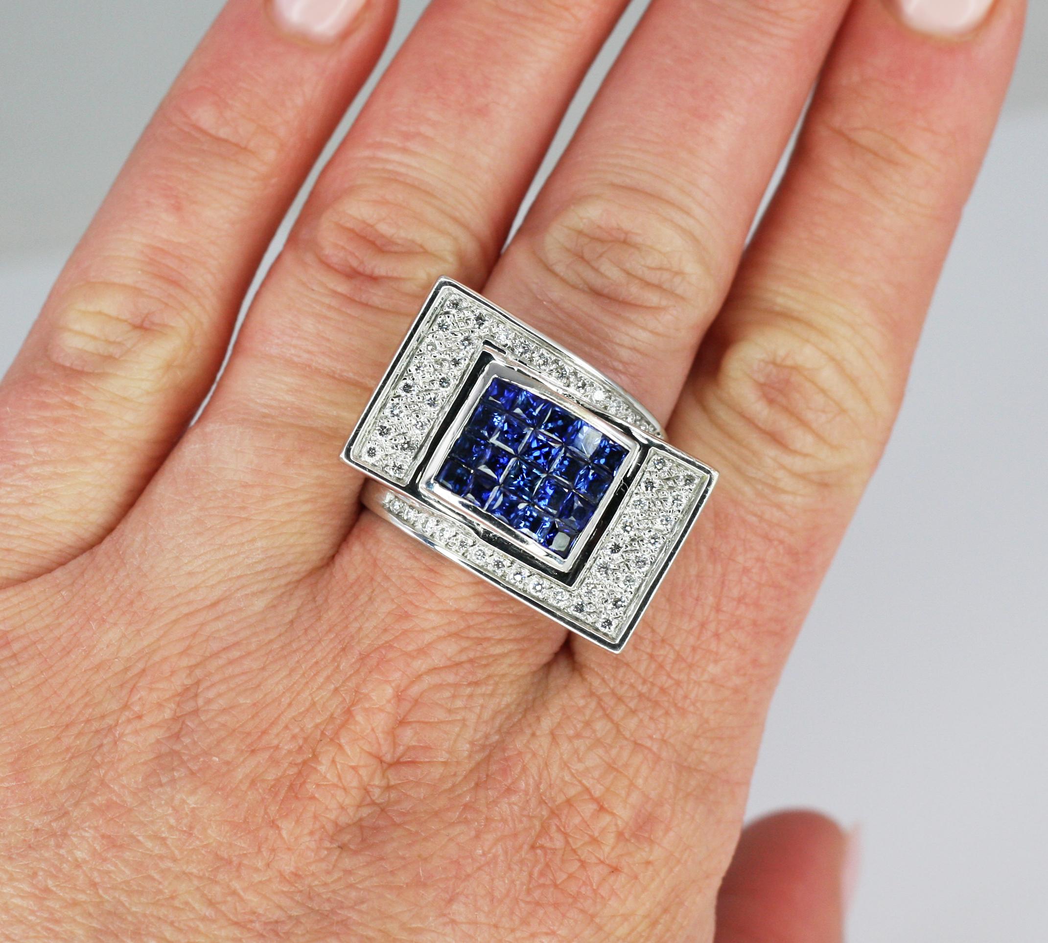 Women's Georgios Collections 18 Karat White Gold Sapphire Diamond Geometric Band Ring For Sale