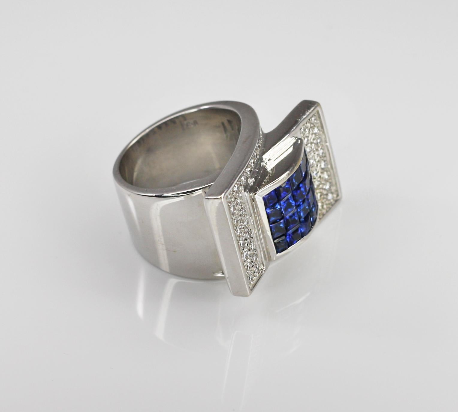 Georgios Collections 18 Karat White Gold Sapphire Diamond Geometric Band Ring For Sale 3