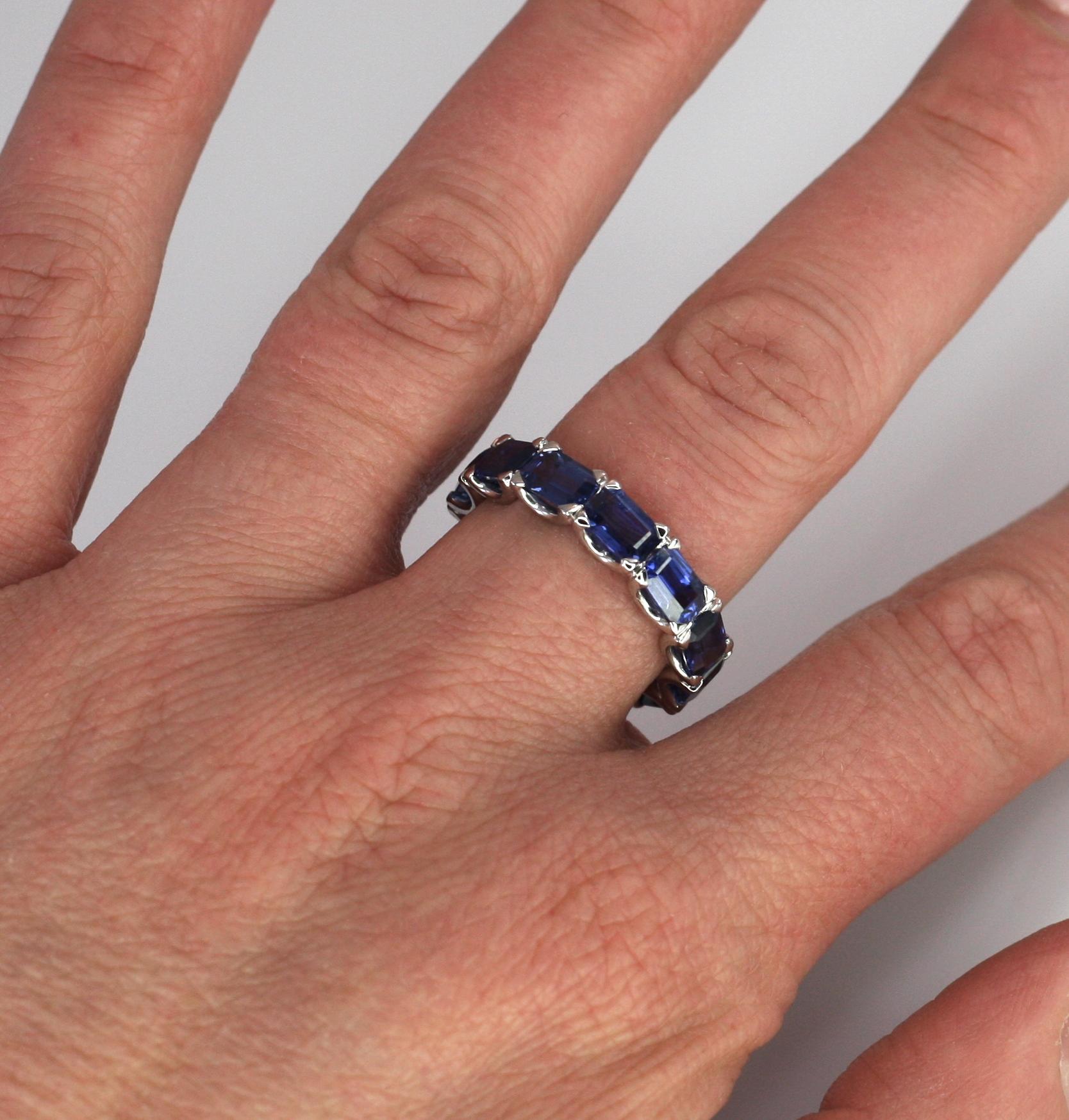 Contemporary Georgios Collections 18 Karat White Gold Eternity Blue Sapphire Tennis Band Ring For Sale