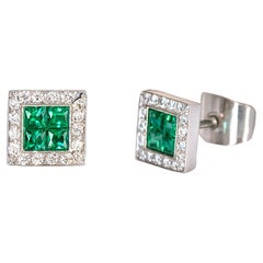 Georgios Collections Boucles d'oreilles en or blanc 18 carats avec émeraudes carrées et diamants