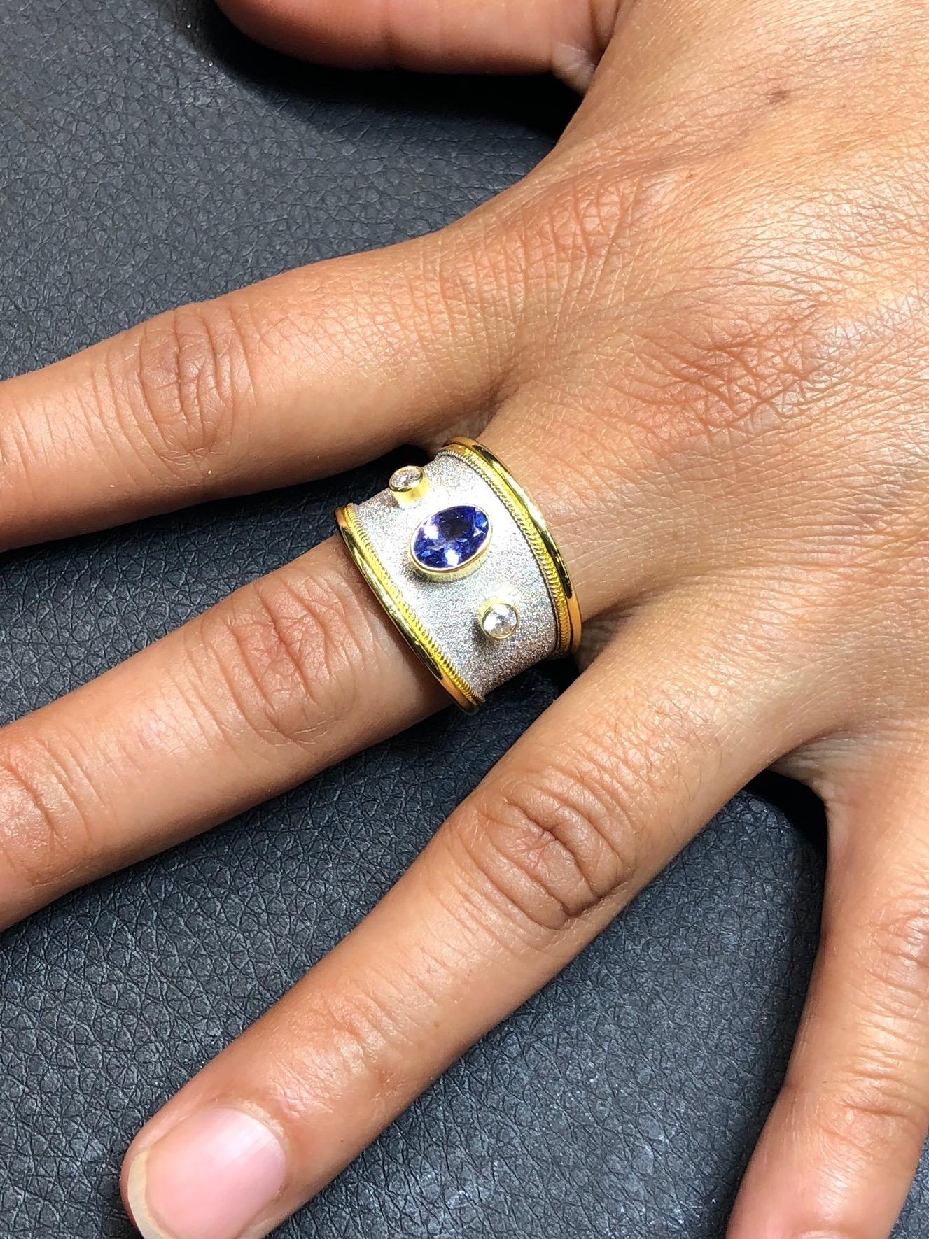 Oval Cut Georgios Collections 18 Karat Yellow Gold Tanzanite and Diamond  Wide Band Ring For Sale