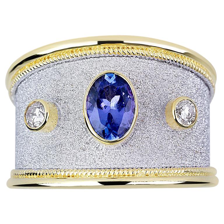 Georgios Collections 18 Karat Yellow Gold Tanzanite and Diamond  Wide Band Ring For Sale