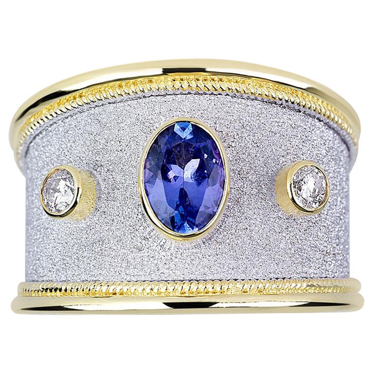 Georgios Collections 18 Karat Yellow Gold Tanzanite and Diamond  Wide Band Ring