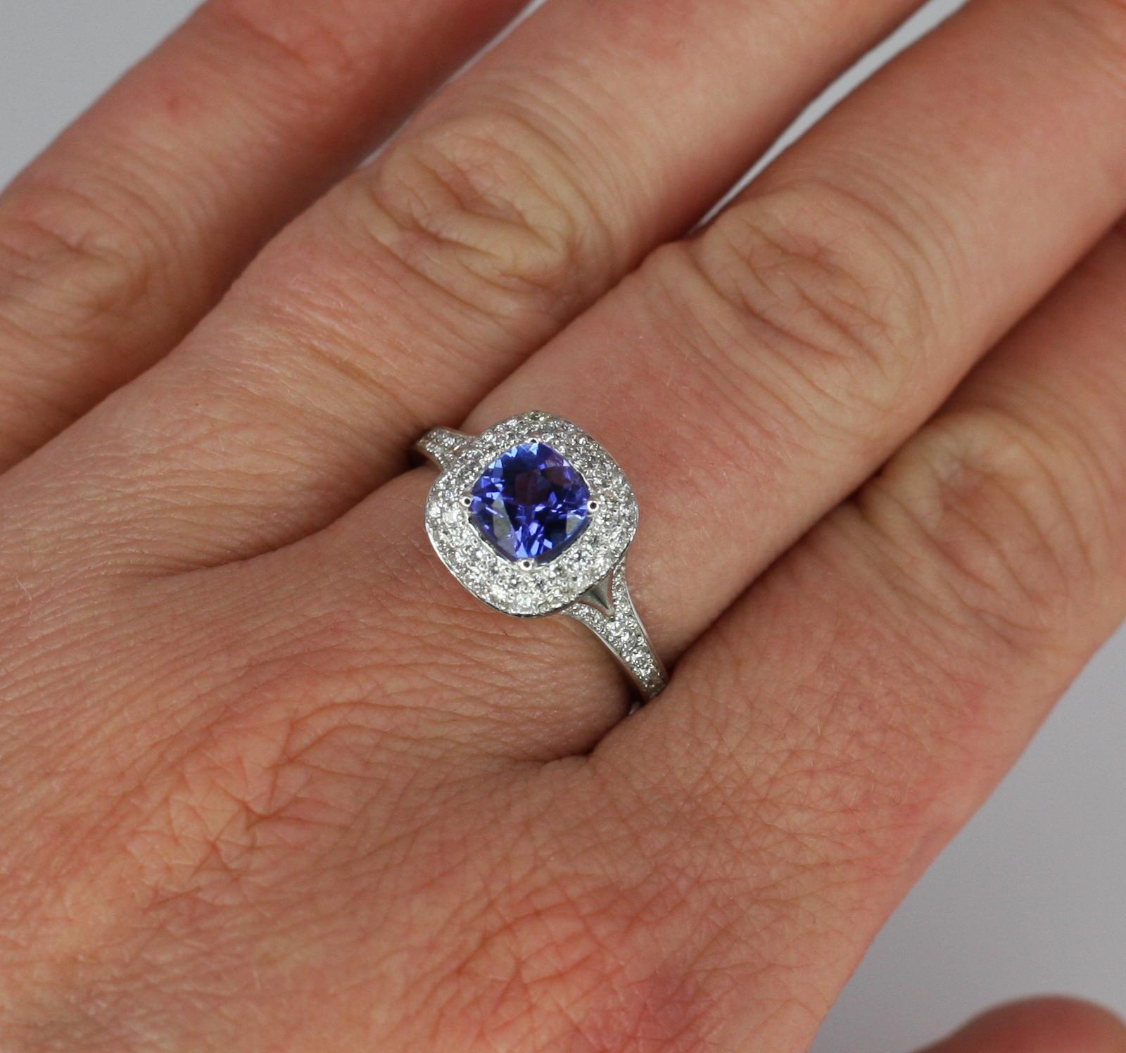 Cushion Cut Georgios Collections 18 Karat White Gold Tanzanite and Diamond Rosette Band Ring For Sale
