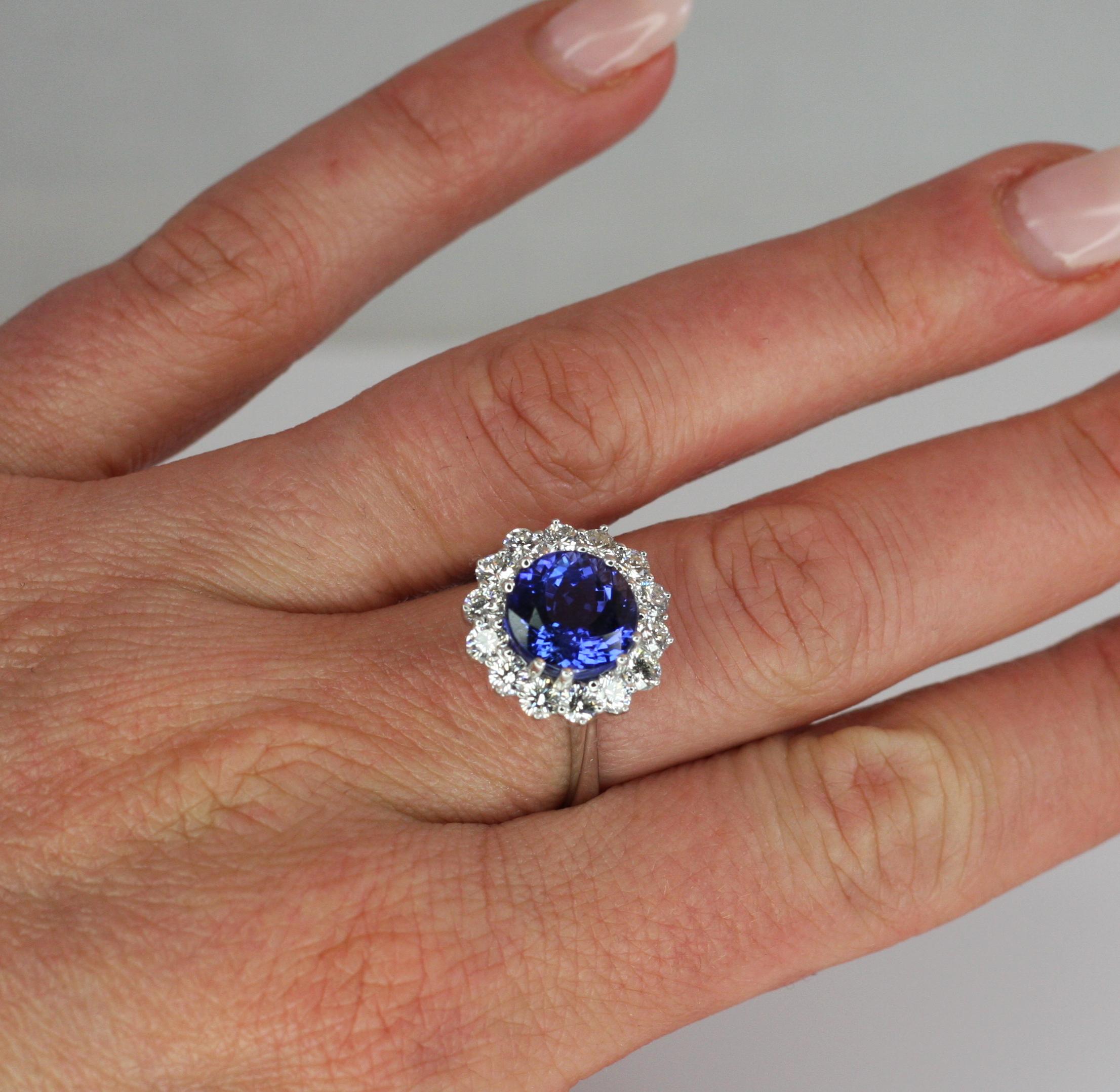 Round Cut Georgios Collections 18 Karat White Gold Tanzanite and Diamond Rosette Ring For Sale