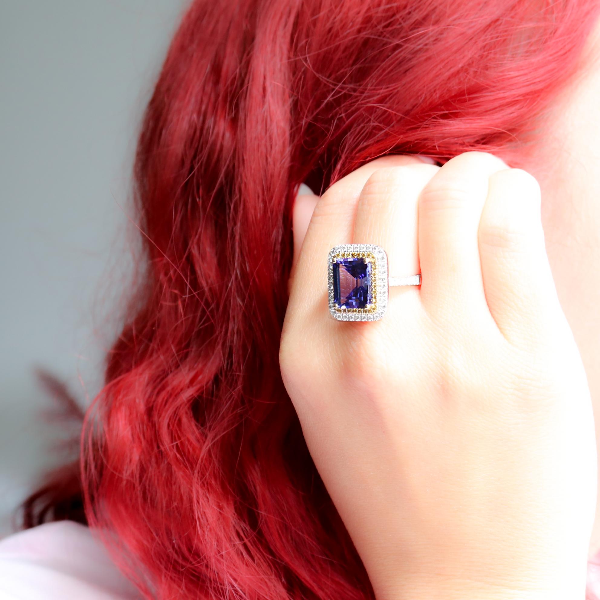 Georgios Collections 18 Karat White Gold Tanzanite Ring with Yellow Diamonds For Sale 7
