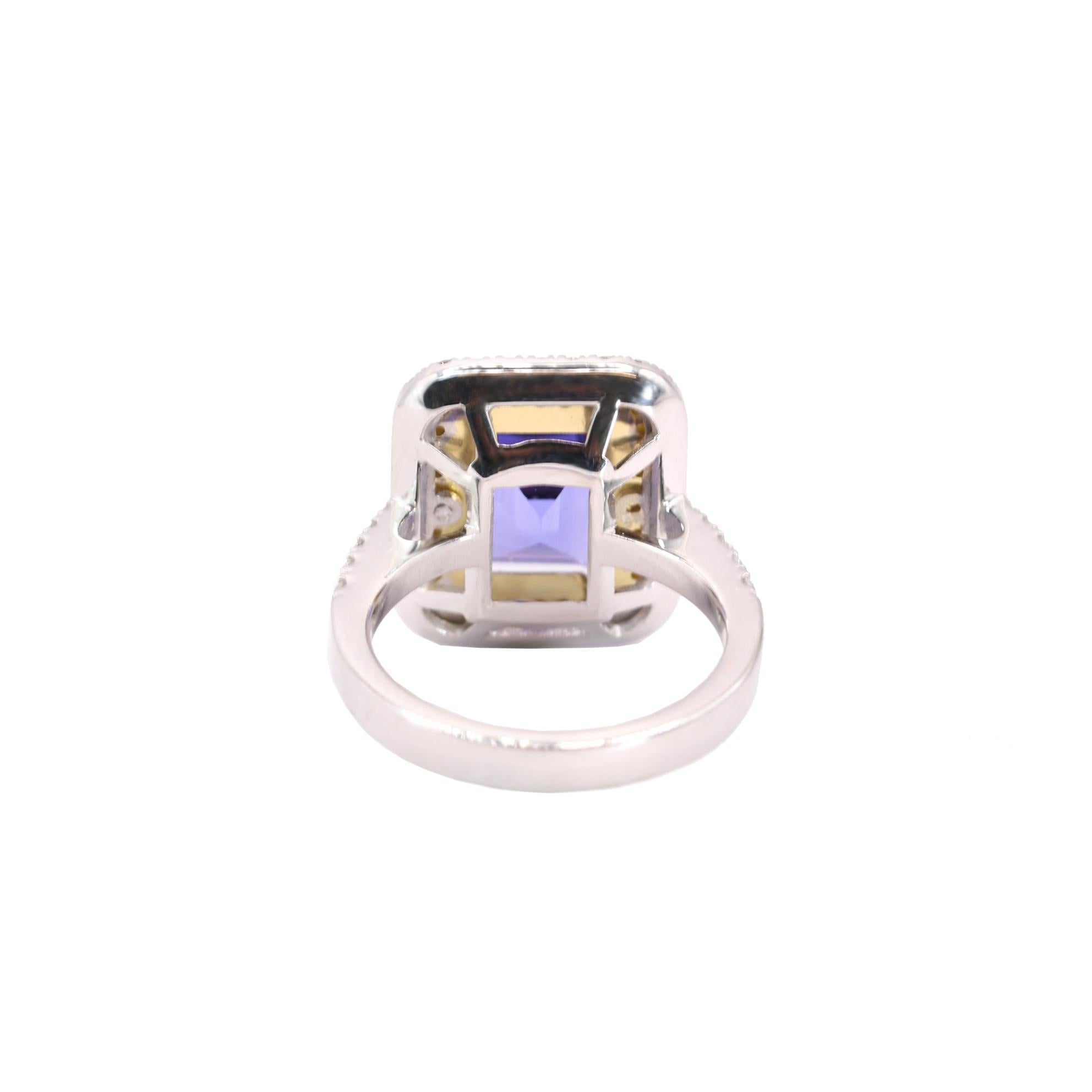 Emerald Cut Georgios Collections 18 Karat White Gold Tanzanite Ring with Yellow Diamonds For Sale