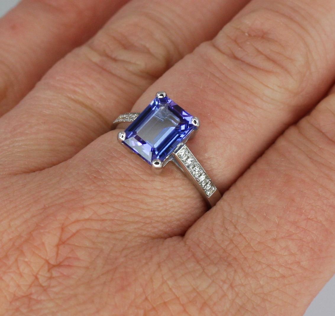 Emerald Cut Georgios Collections 18 Karat White Gold Tanzanite Solitaire Ring with Diamonds For Sale