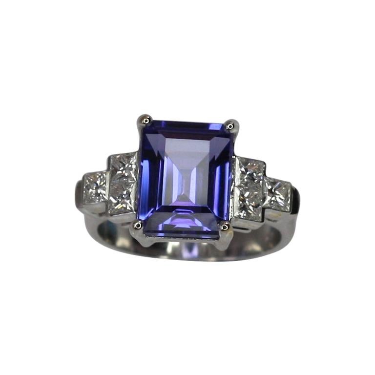 Georgios Collections 18 Karat White Gold Tanzanite Solitaire Ring with Diamonds For Sale