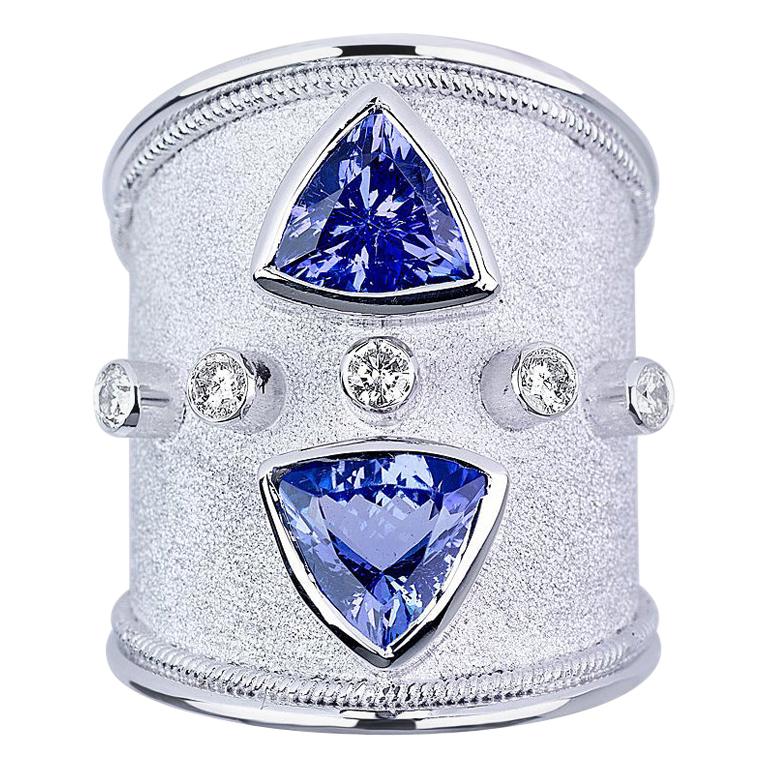 Georgios Collections 18 Karat White Gold Trilliant Tanzanite and Diamond Ring For Sale