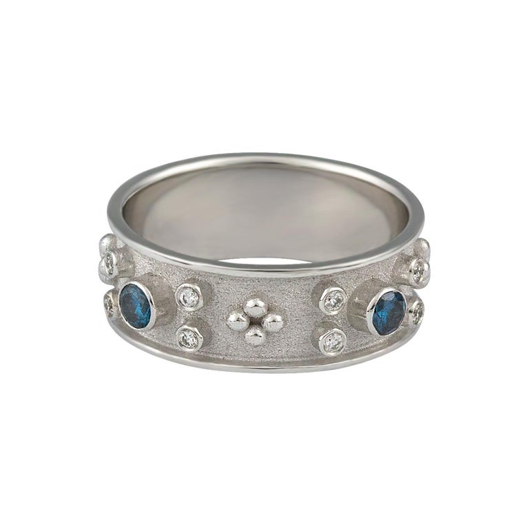 Byzantine Georgios Collections 18 Karat White Gold White and Blue Diamond Band Ring For Sale
