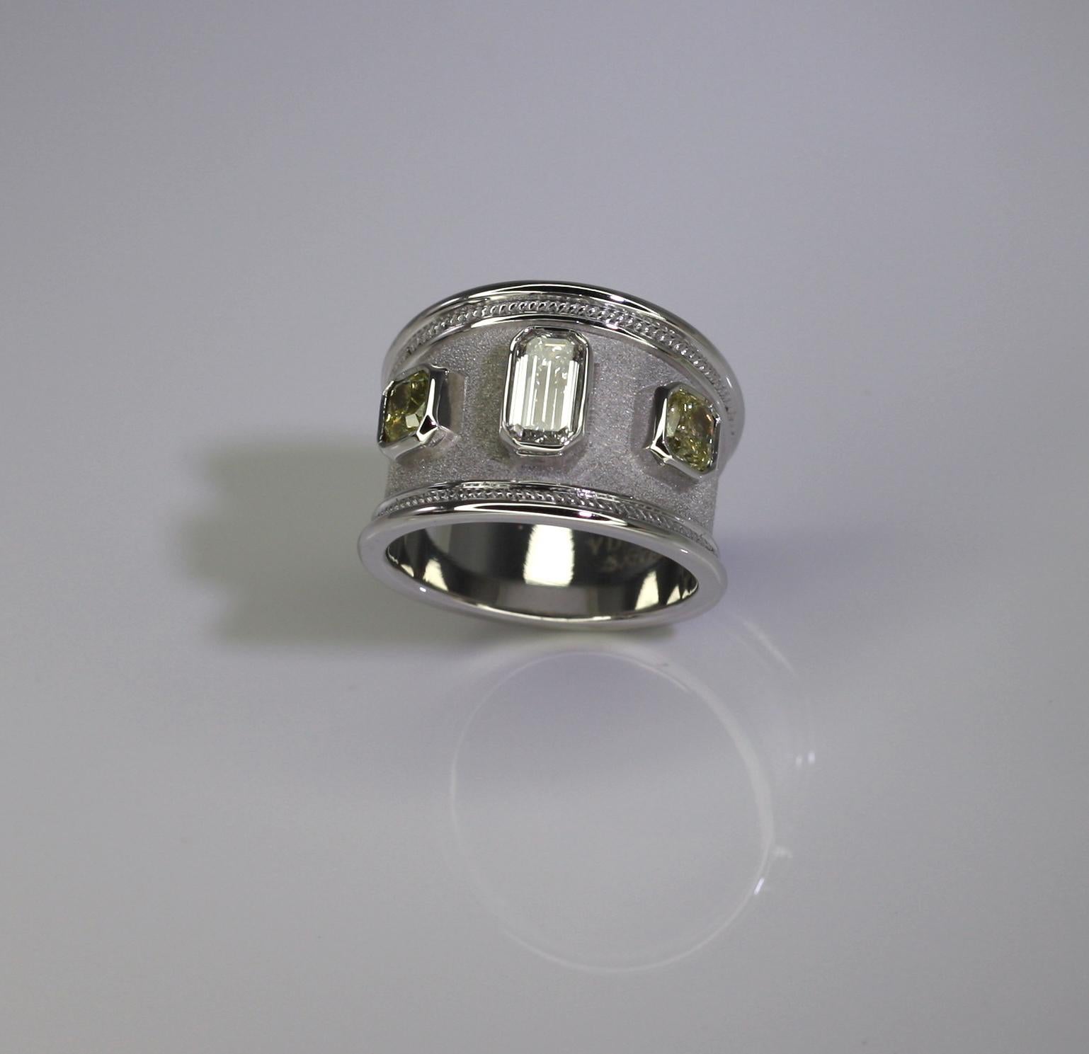 S.Georgios Designer ring all handmade from solid 18 Karat White Gold and microscopically decorated with white gold wires and a unique Byzantine velvet background. The stunning ring features a 1.05  Carat Emerald Cut White Diamond center of