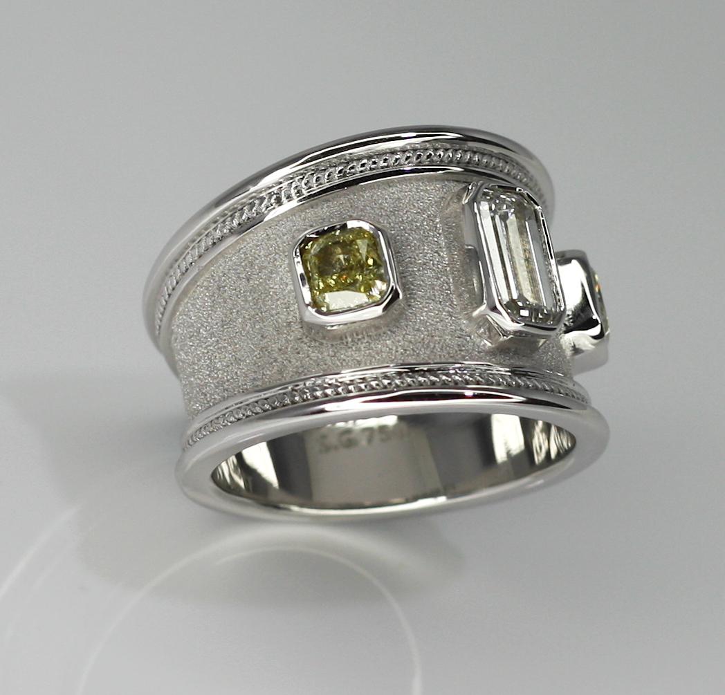 Georgios Collections 18 Karat White Gold Yellow White Emerald Diamond Wide Ring In New Condition For Sale In Astoria, NY