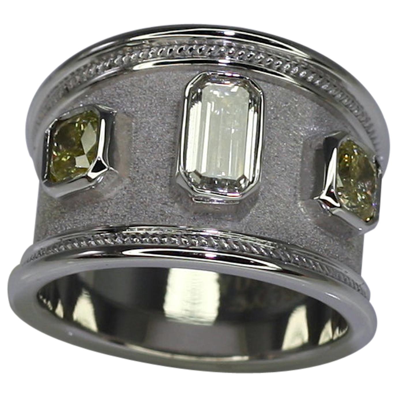 Georgios Collections 18 Karat White Gold Yellow White Emerald Diamond Wide Ring For Sale