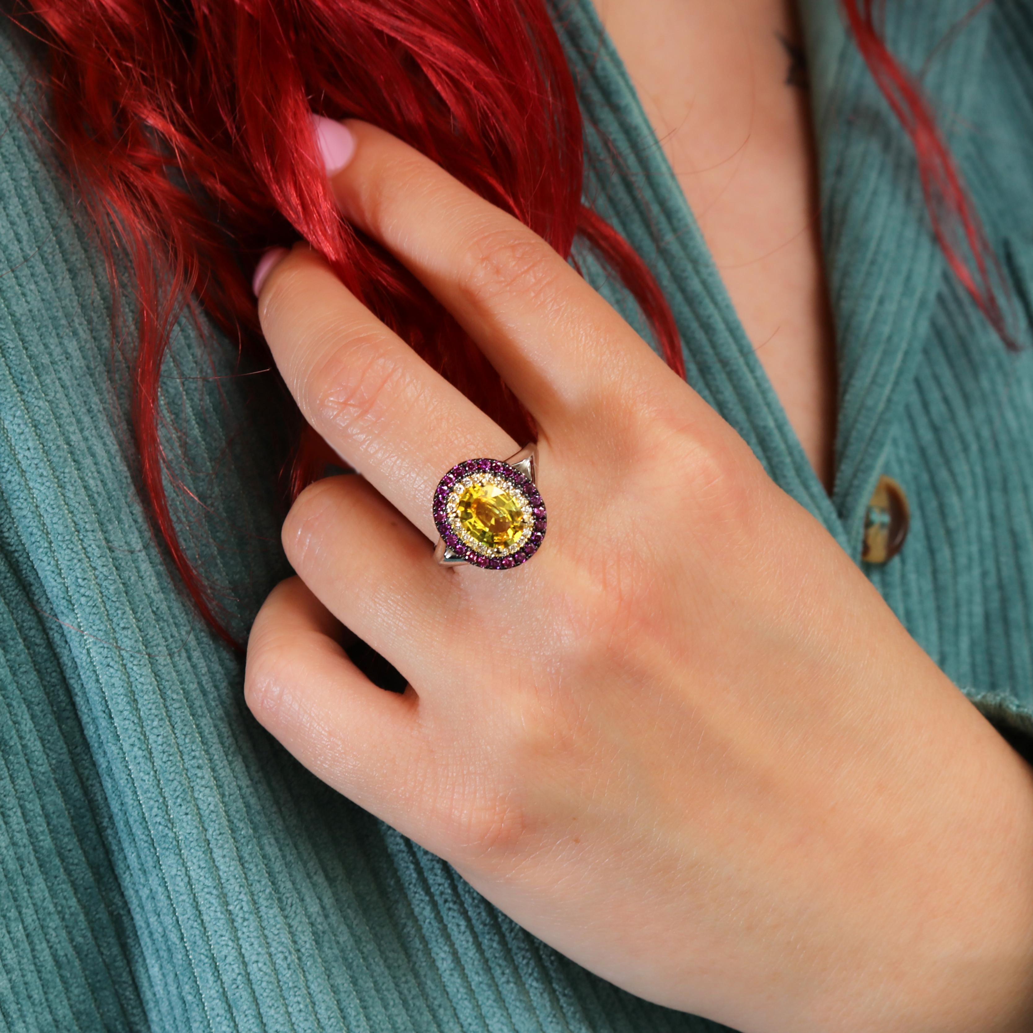 Georgios Collections 18 Karat White Gold Yellow Sapphire & Purple Diamonds Ring For Sale 5