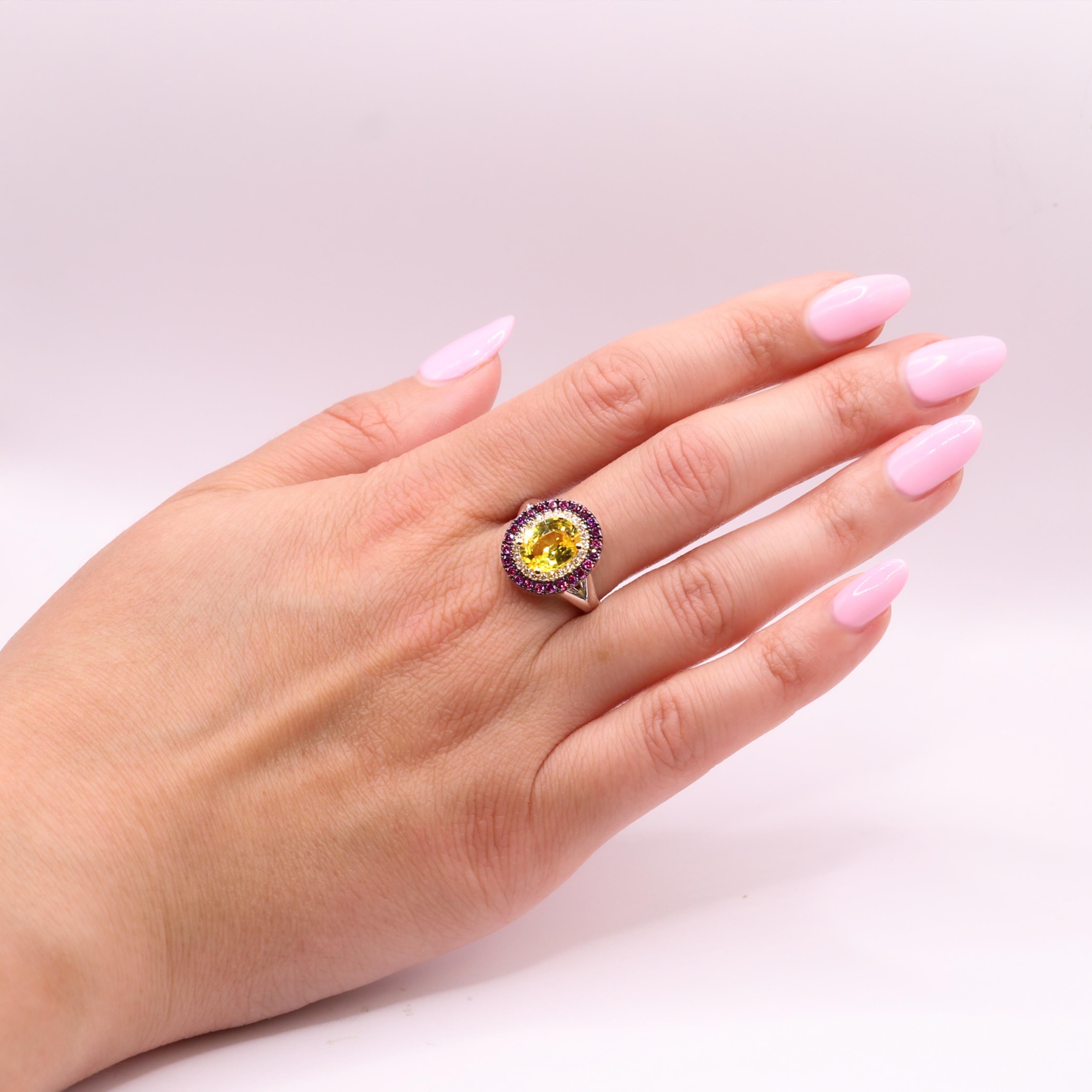Georgios Collections 18 Karat White Gold Yellow Sapphire & Purple Diamonds Ring For Sale 7