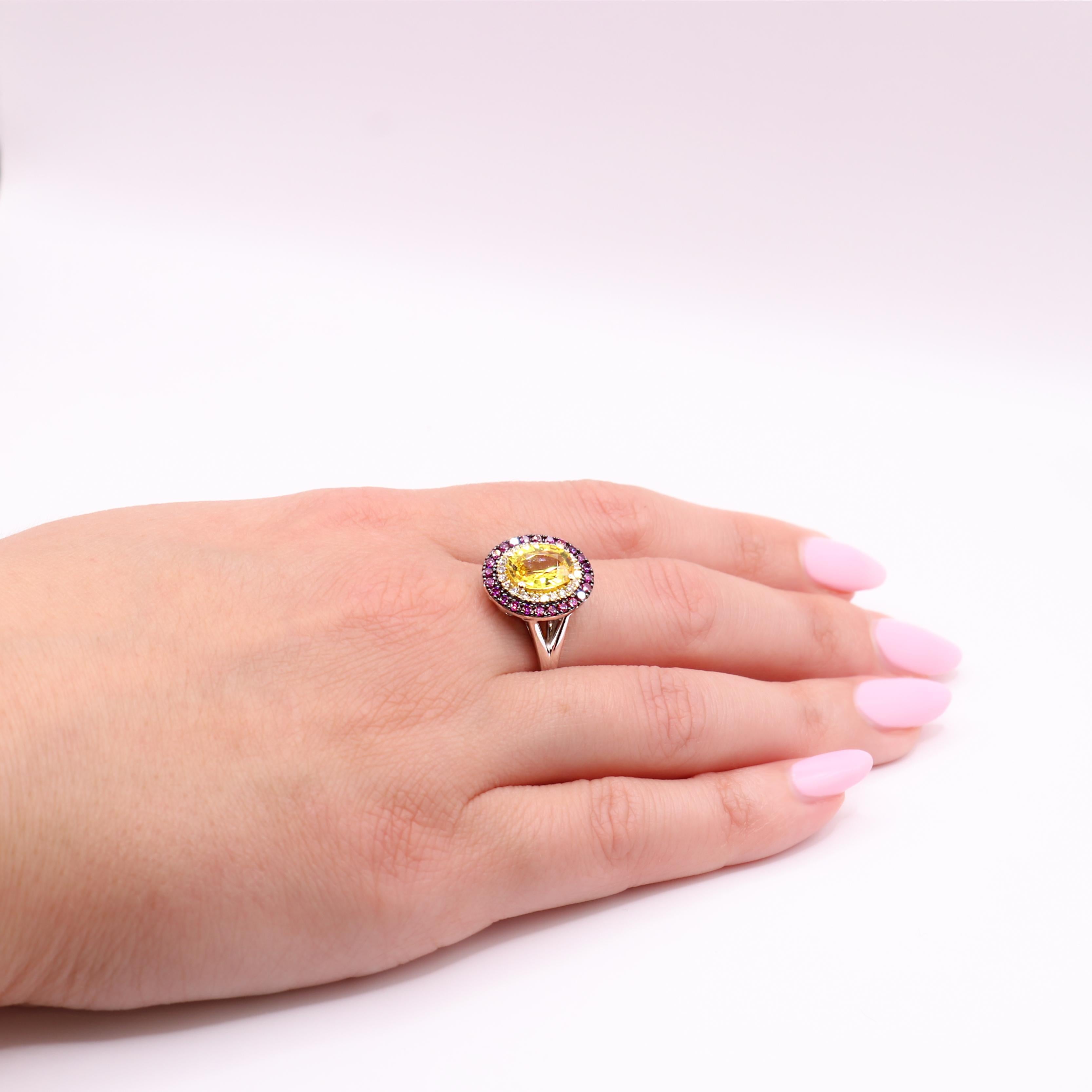 Georgios Collections 18 Karat White Gold Yellow Sapphire & Purple Diamonds Ring For Sale 8