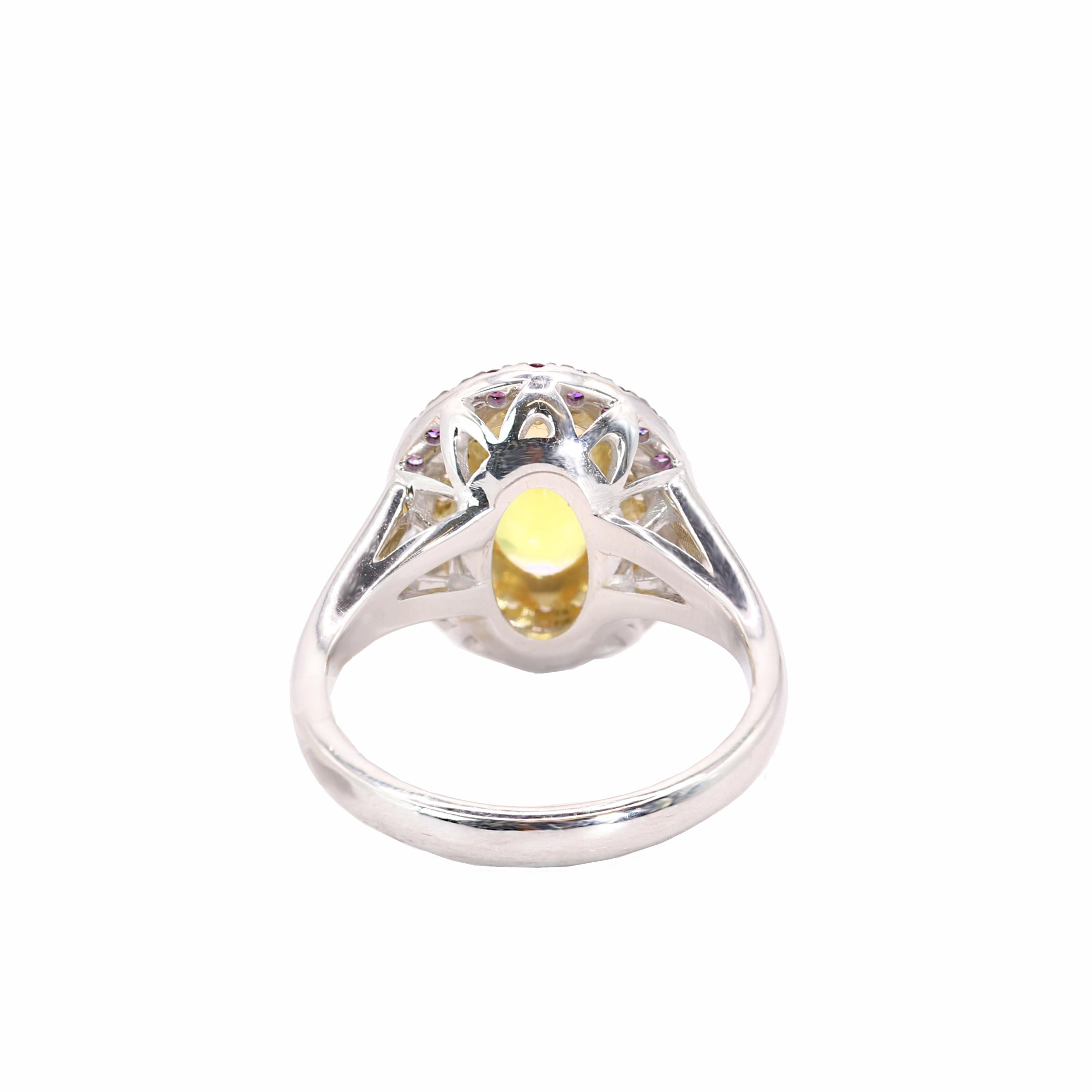 Oval Cut Georgios Collections 18 Karat White Gold Yellow Sapphire & Purple Diamonds Ring For Sale