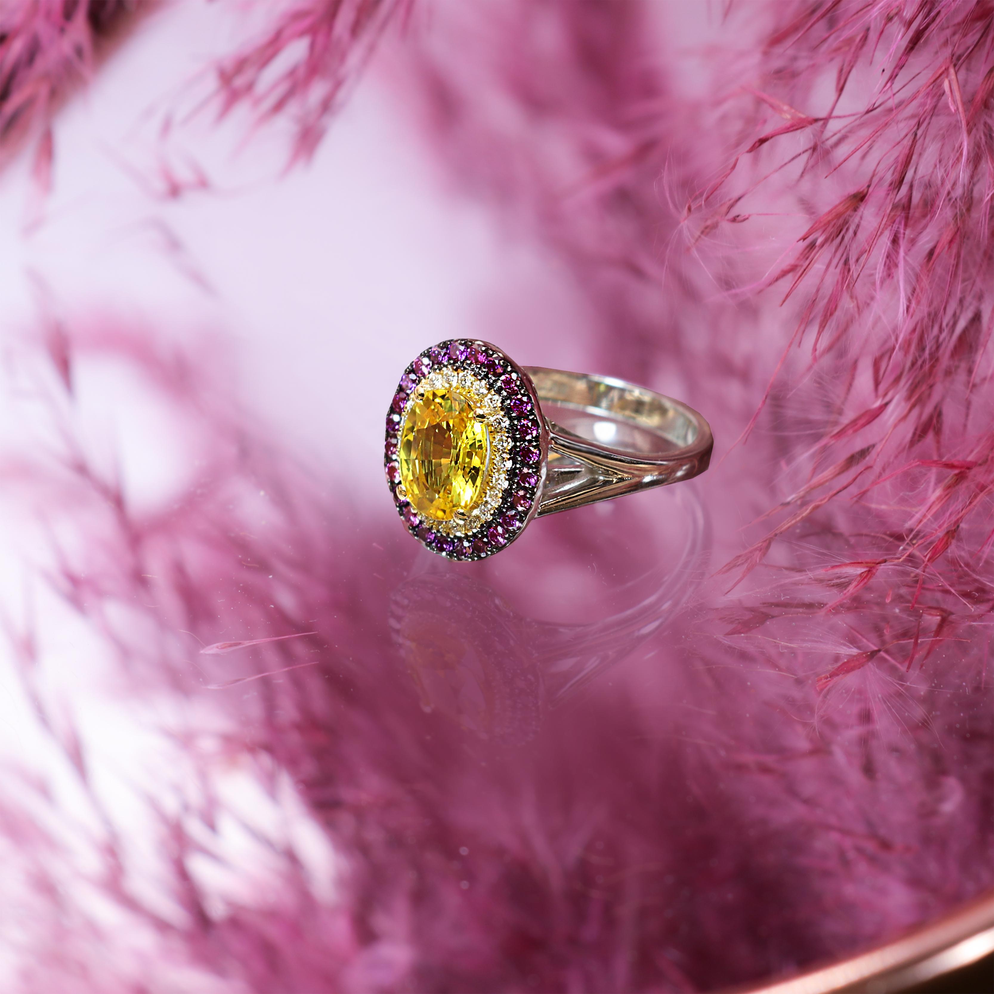Women's Georgios Collections 18 Karat White Gold Yellow Sapphire & Purple Diamonds Ring For Sale