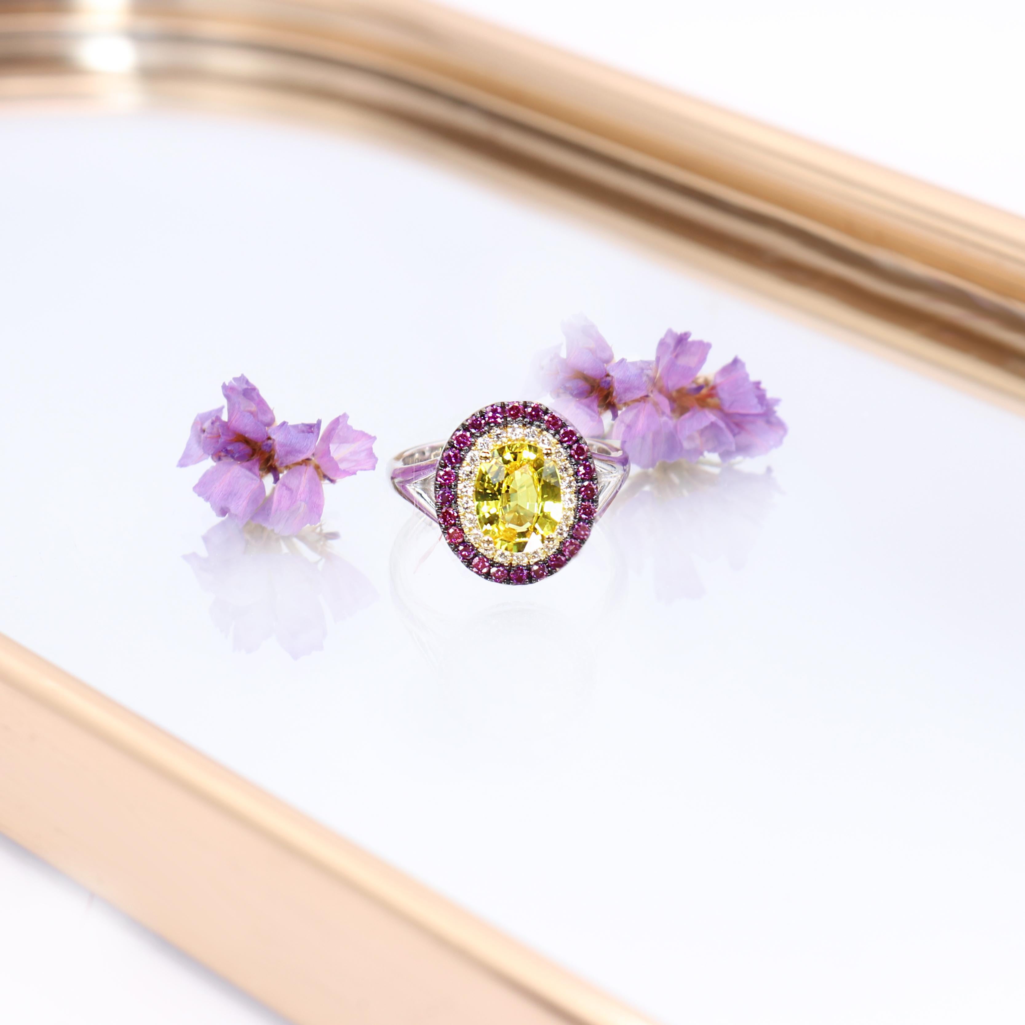 Georgios Collections 18 Karat White Gold Yellow Sapphire & Purple Diamonds Ring For Sale 1