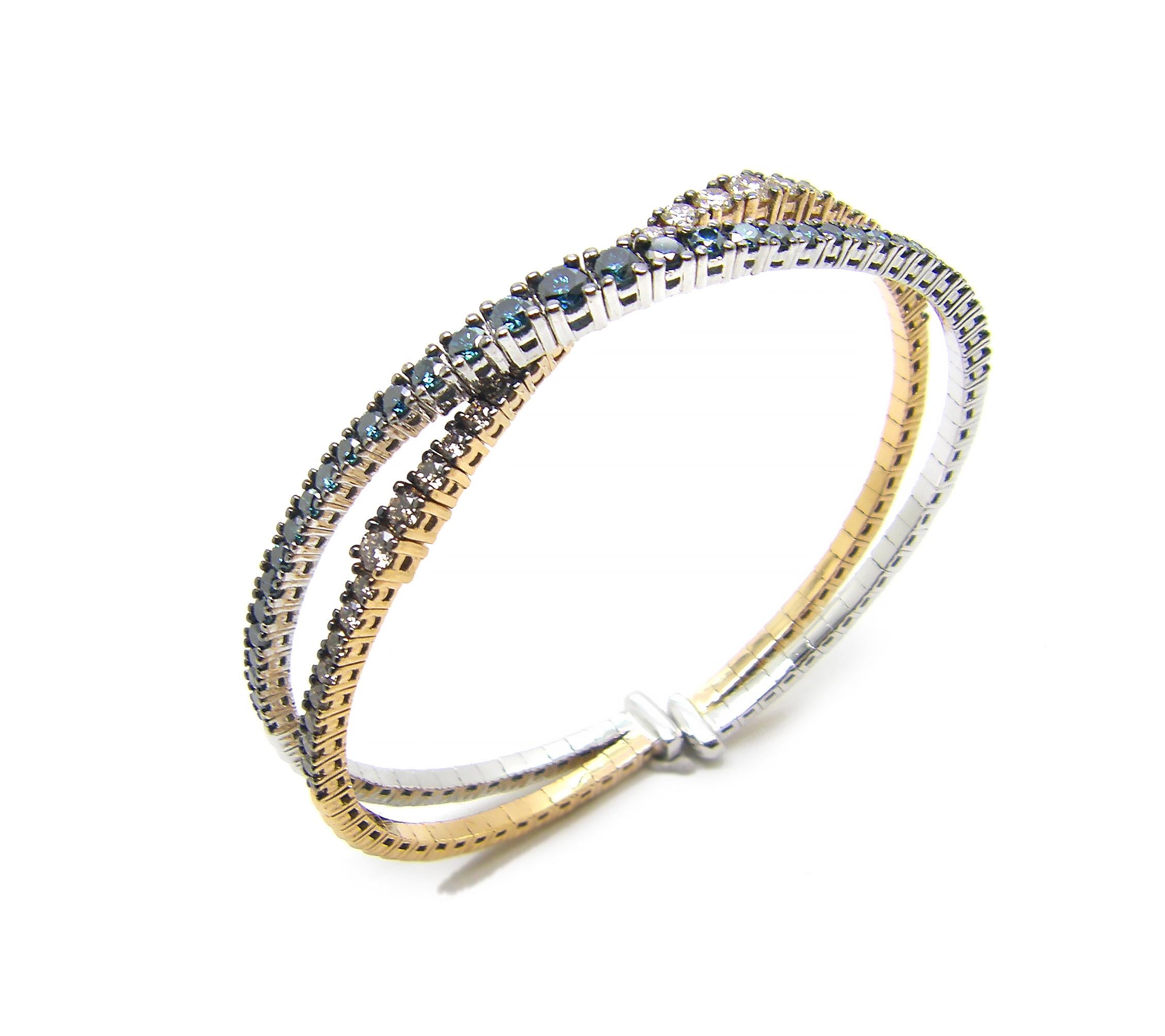 S.Georgios designer two-tone double tennis bangle bracelet in white and rose gold 18 karats with brown and blue diamonds are all microscopically set. This gorgeous bracelet is custom made and has brilliant-cut brown diamonds total weight of 1.88