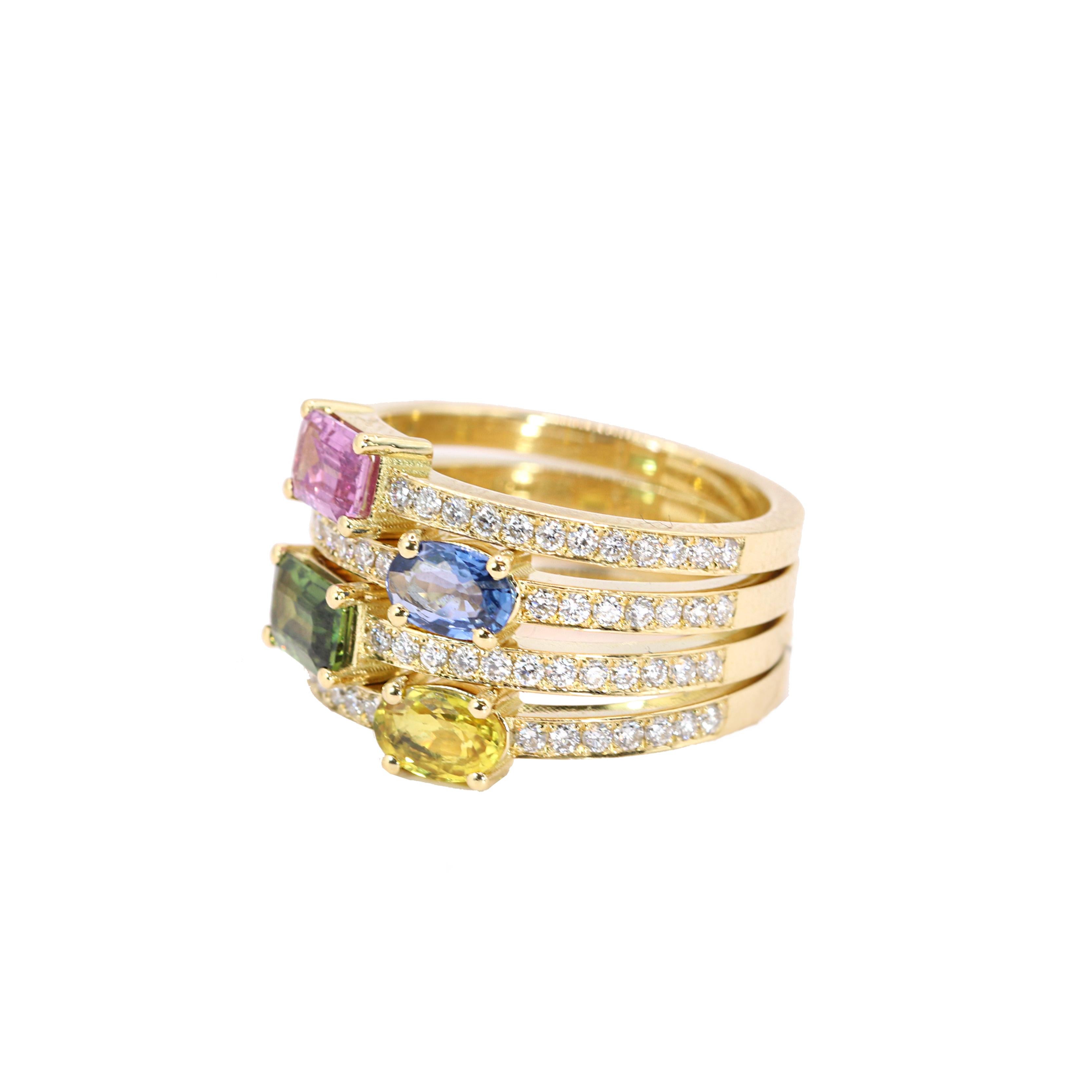 Georgios Collections, bague en or jaune 18 carats, diamants et saphirs multicolores Pour femmes en vente