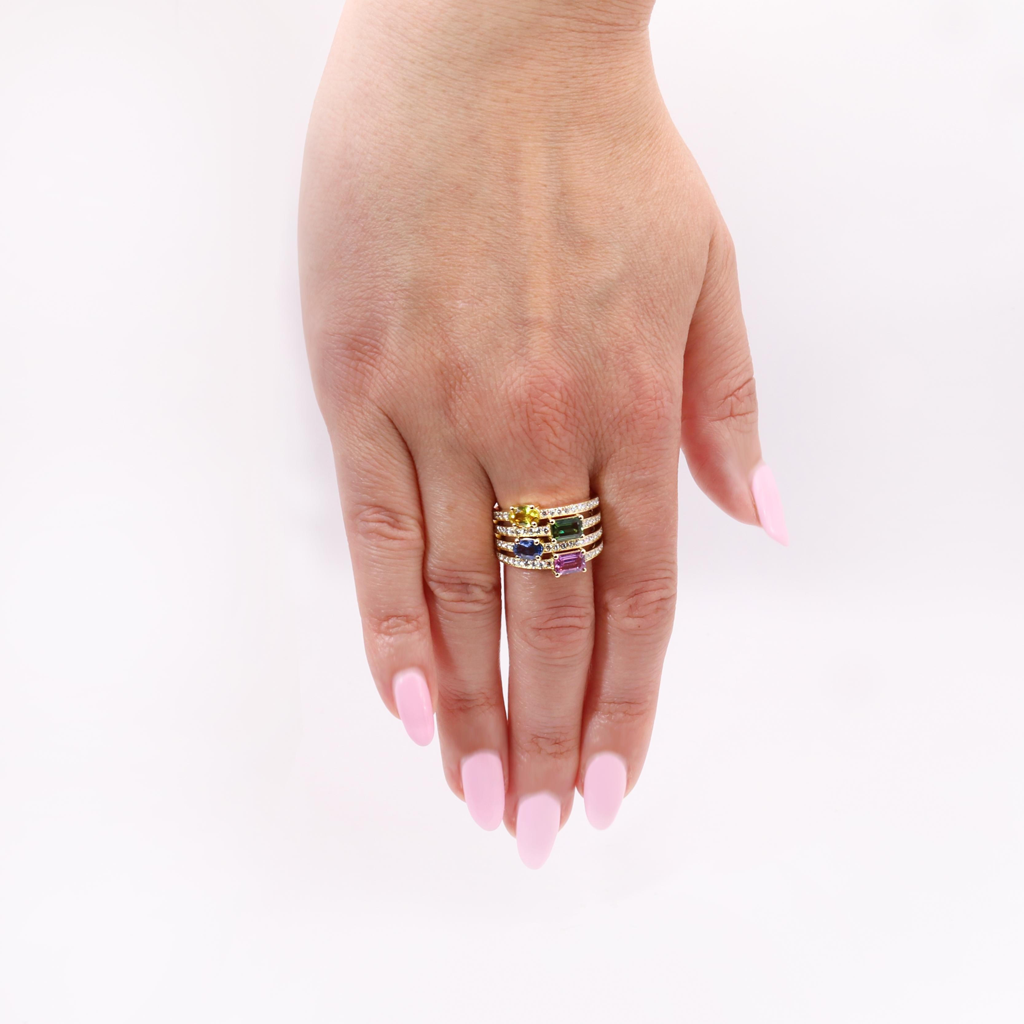 Georgios Collections, bague en or jaune 18 carats, diamants et saphirs multicolores en vente 3
