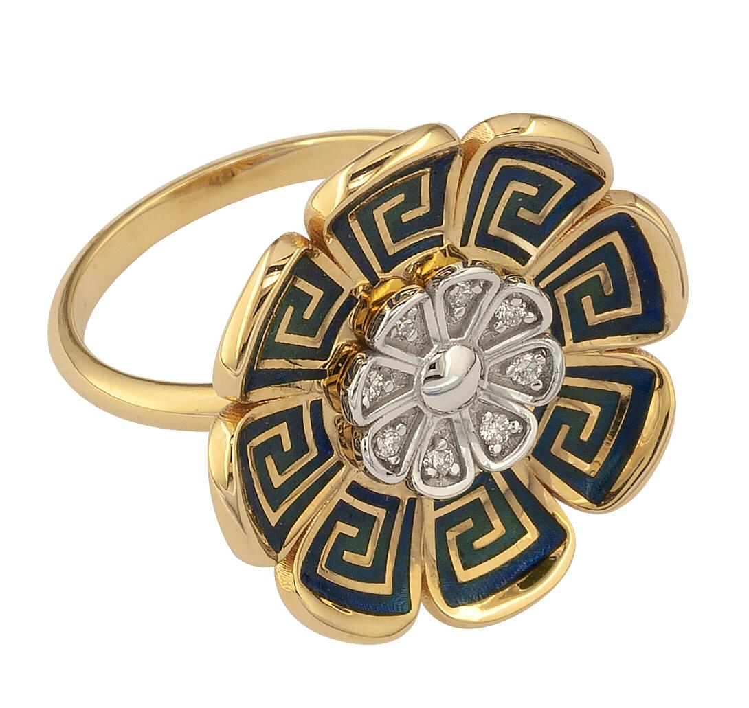 This S.Georgios designer ring is handmade from solid 18 Karat Yellow and White Gold and is microscopically carved in a unique Greek design to create a stunning art piece. This beautiful ring features 8 brilliant-cut White Diamonds with a total