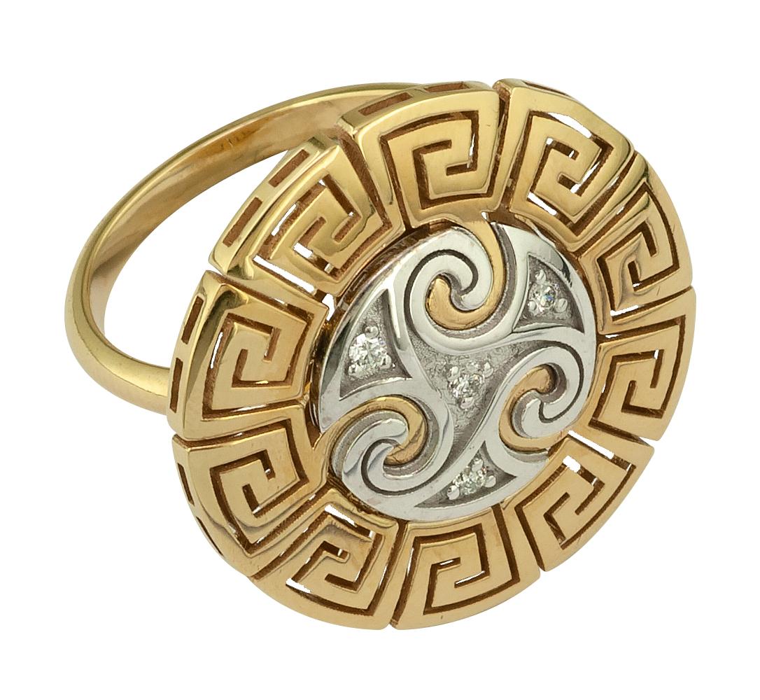 S.Georgios designer ring is handmade from solid 18 Karat Yellow and White Gold and is decorated with a unique Greek design to create a stunning art piece. This beautiful ring features 4 brilliant-cut White Diamonds, a total weight of 0.07 Carat, set