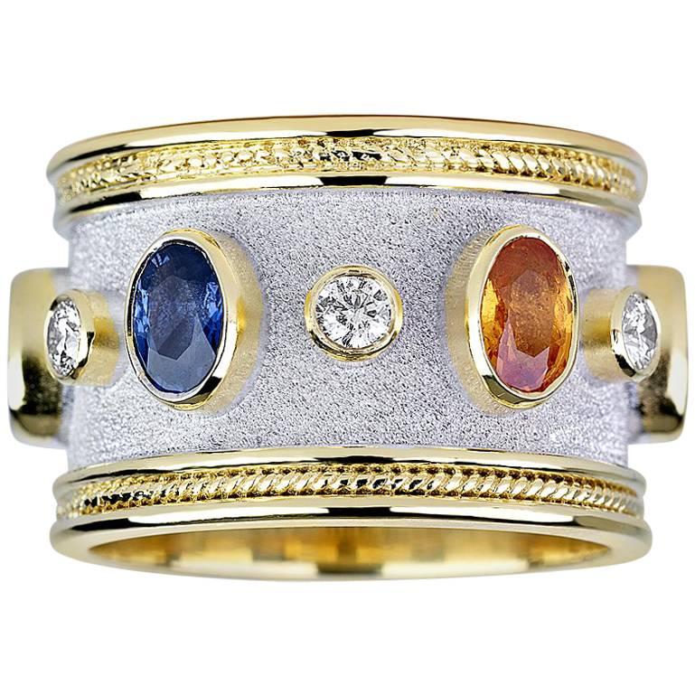 Byzantine Georgios Collections 18 Karat Yellow and White Gold Diamond Multi Sapphires Ring For Sale