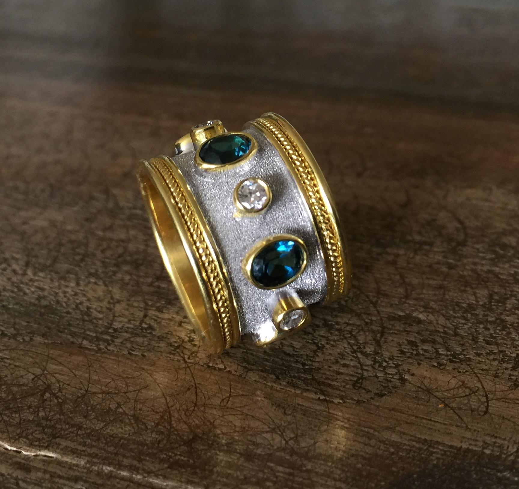 Georgios Collections 18 Karat Yellow Gold White Rhodium Diamond Topaz Wide Ring For Sale 4