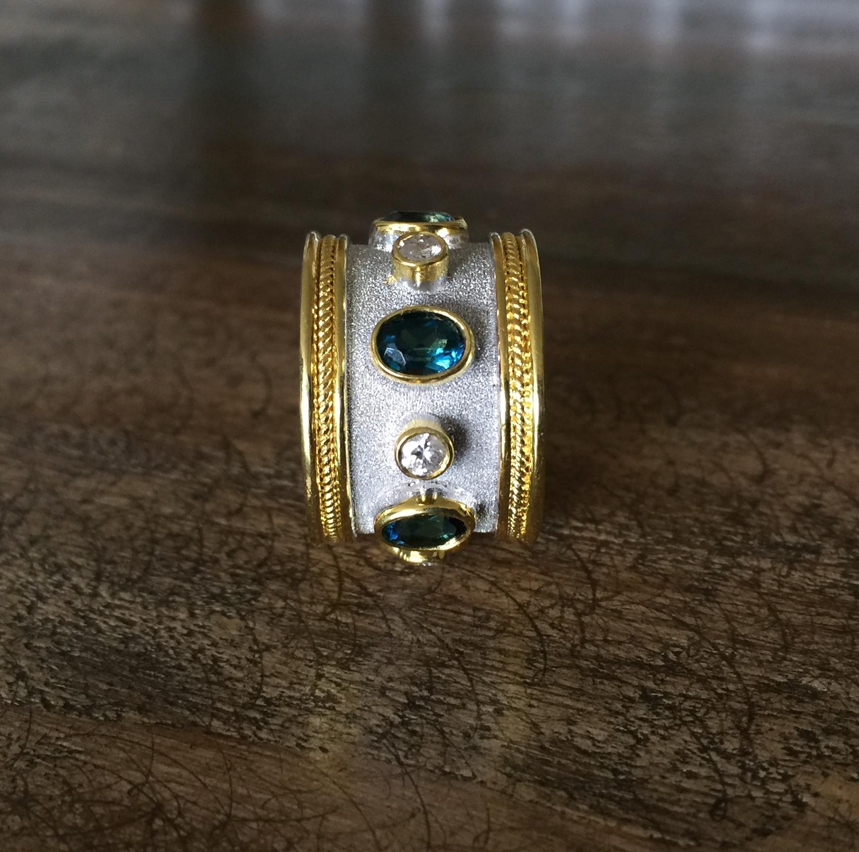 Georgios Collections 18 Karat Yellow Gold White Rhodium Diamond Topaz Wide Ring For Sale 5