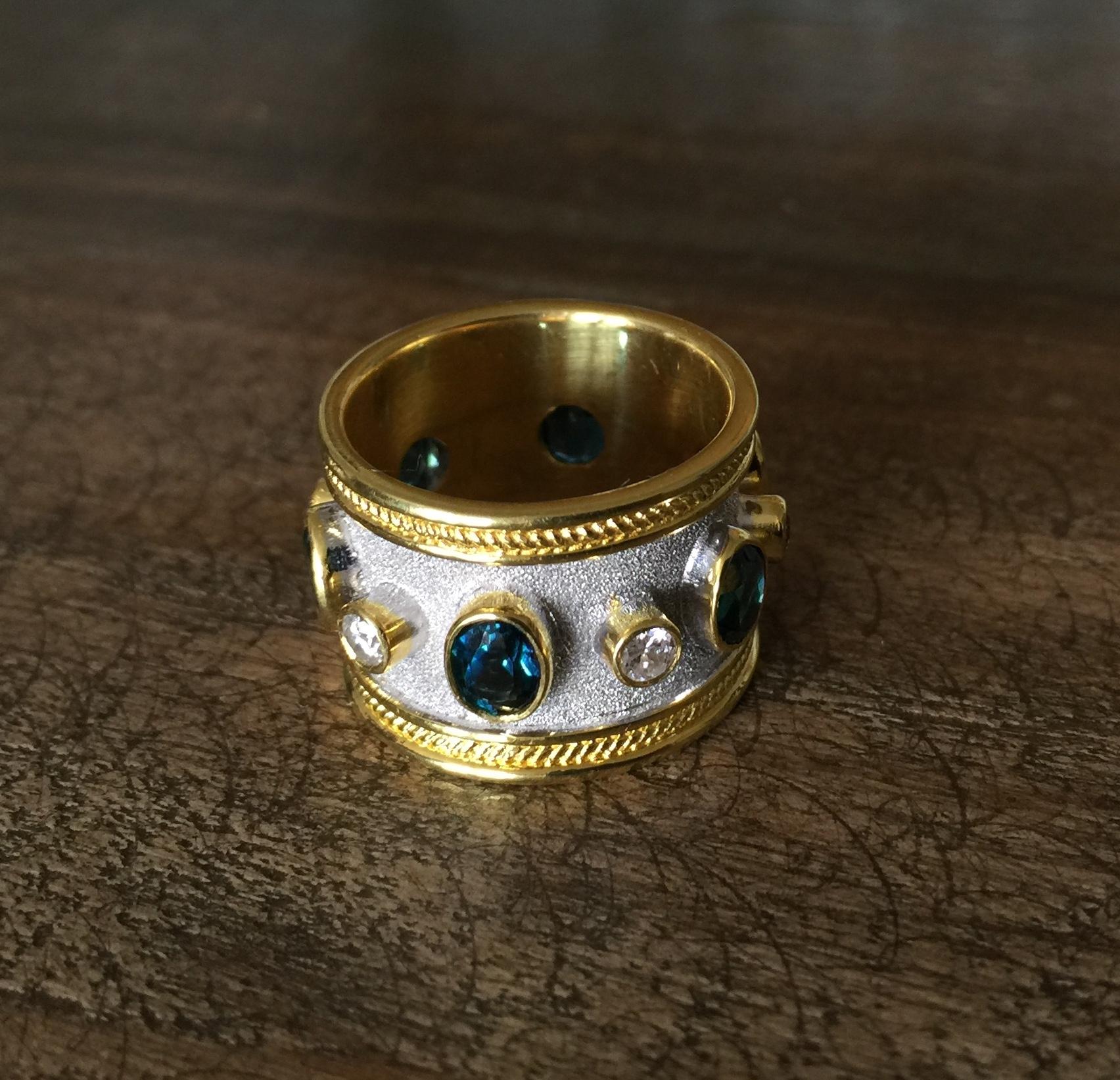 Georgios Collections 18 Karat Yellow Gold White Rhodium Diamond Topaz Wide Ring For Sale 7