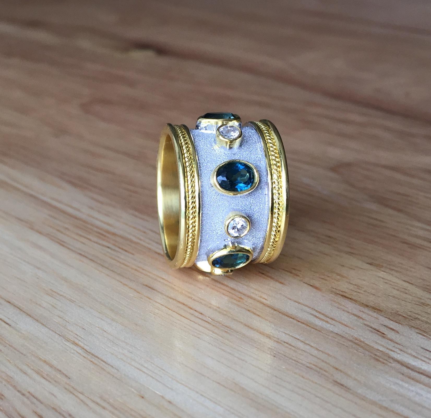 Byzantine Georgios Collections 18 Karat Yellow Gold White Rhodium Diamond Topaz Wide Ring For Sale