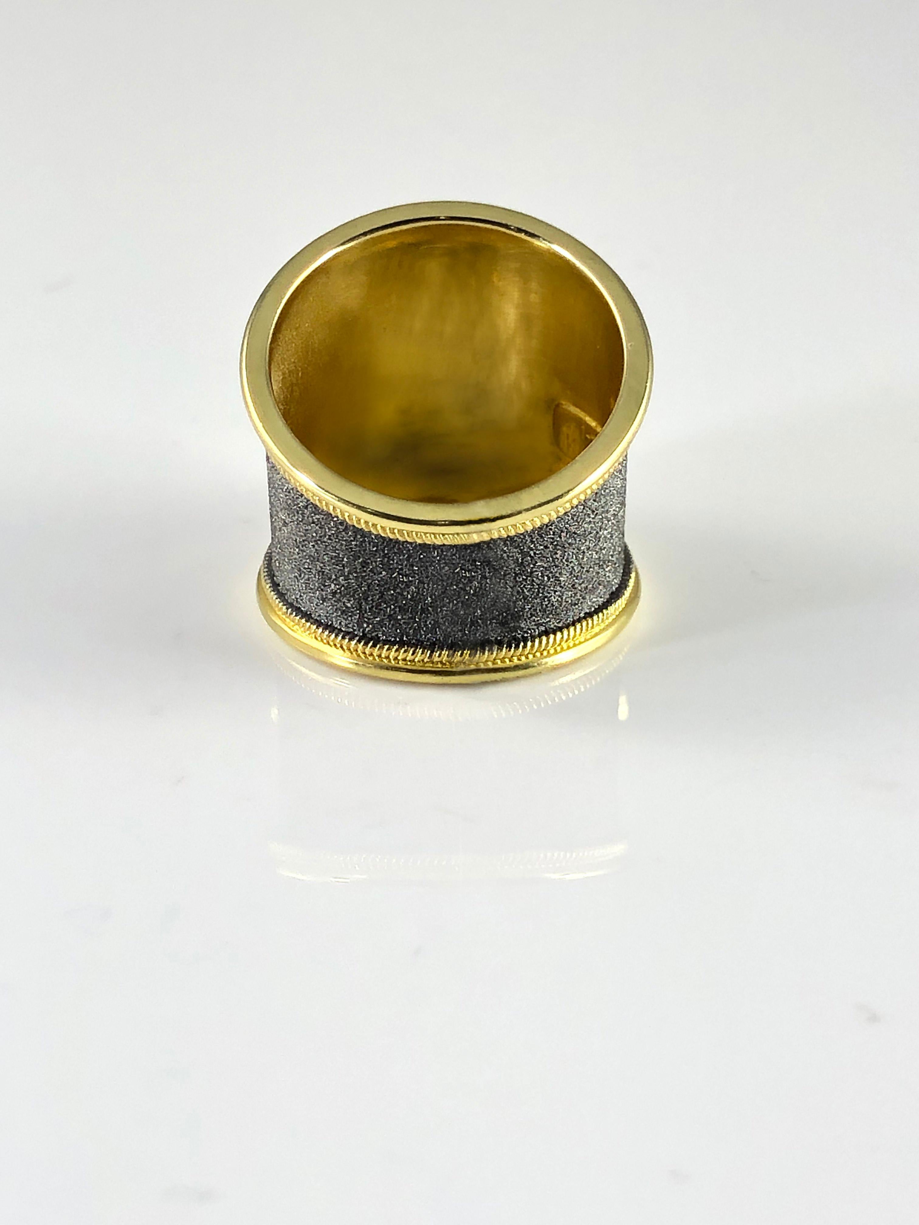 Byzantine Georgios Collections 18 Karat Yellow Black Gold Diamond Rhodium Thick Band Ring For Sale