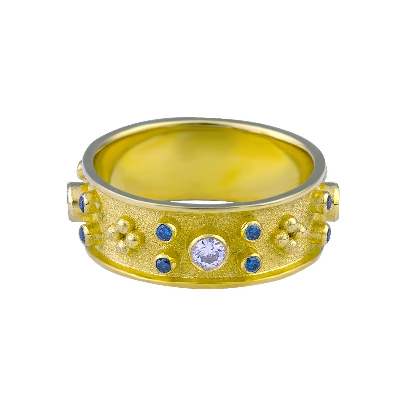 S.Georgios designer 18 Karat Solid Yellow Gold Band Ring all handmade with Byzantine granulation workmanship and a unique velvet background. The stunning ring has 4 brilliant cuts of White Diamonds with a total weight of 0.34 Carats and 16
