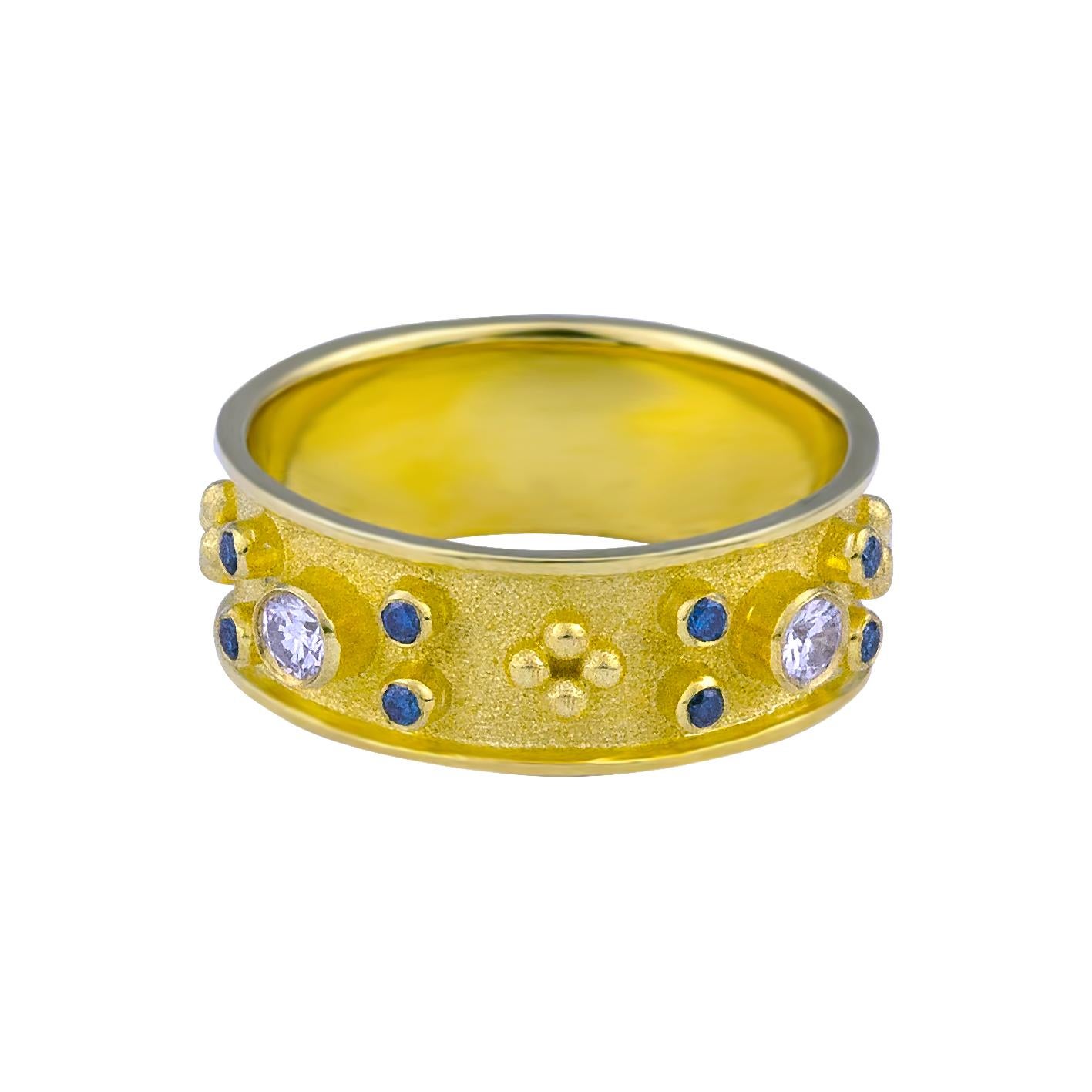 Byzantine Georgios Collections 18 Karat Yellow Gold Blue and White Diamond Band Ring For Sale