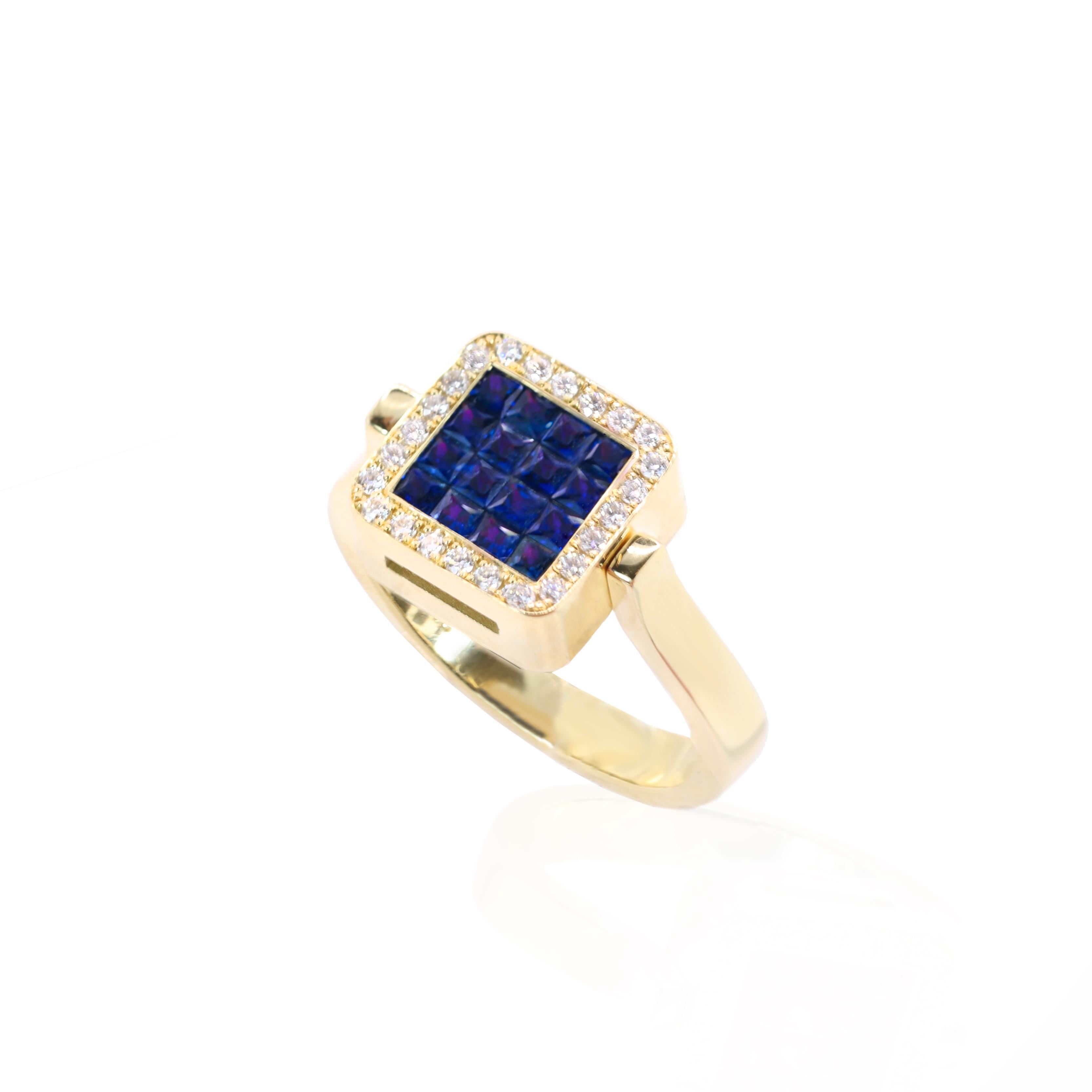 S.Georgios designer presents an exquisite 18K Yellow Gold Double Face Ring featuring at its one side princess-cut Rubies total weight of 0,78 carats and princess-cut Sapphires total weight of 0,75 carats at its other side. Both sides of this unique