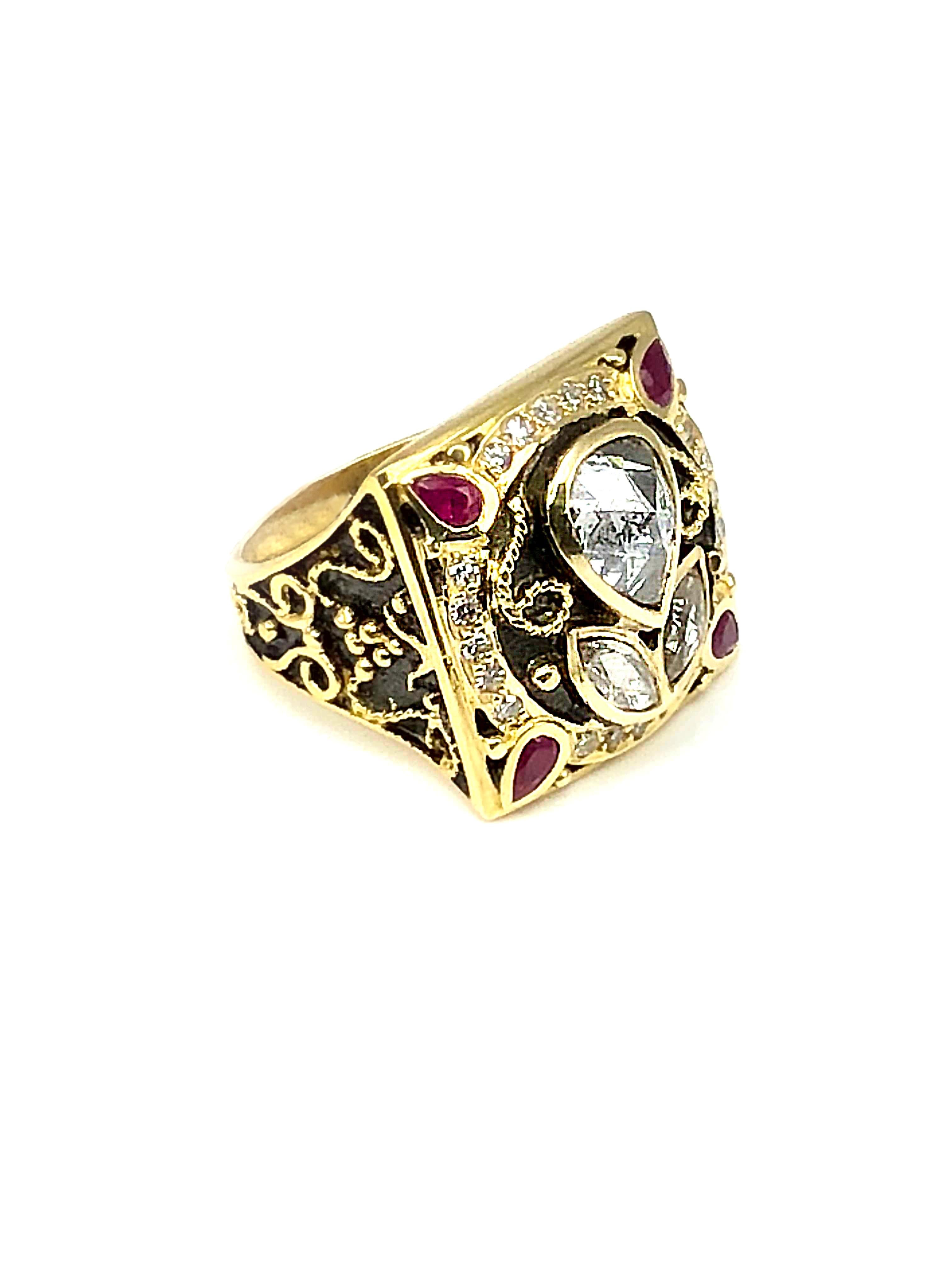 S.Georgios designer ring is handmade from solid 18 Karat Yellow Gold and all custom-made. The stunning ring is decorated with gold wires and beads. Granulated details contrast with Byzantine velvet background finished with Black Rhodium. This