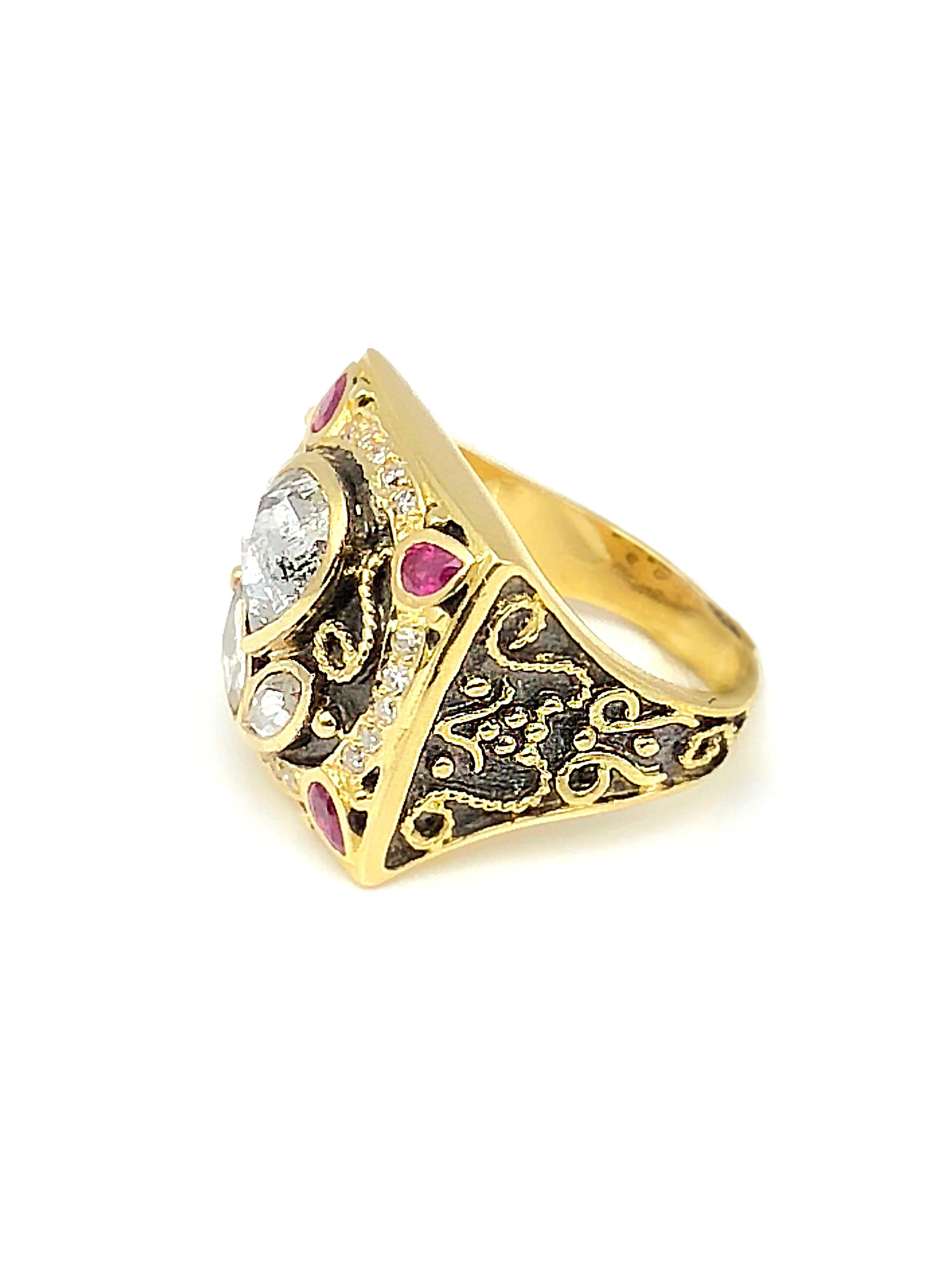 Rose Cut Georgios Collections 18 Karat Yellow Gold Black Rhodium Diamond Ruby Square Ring For Sale