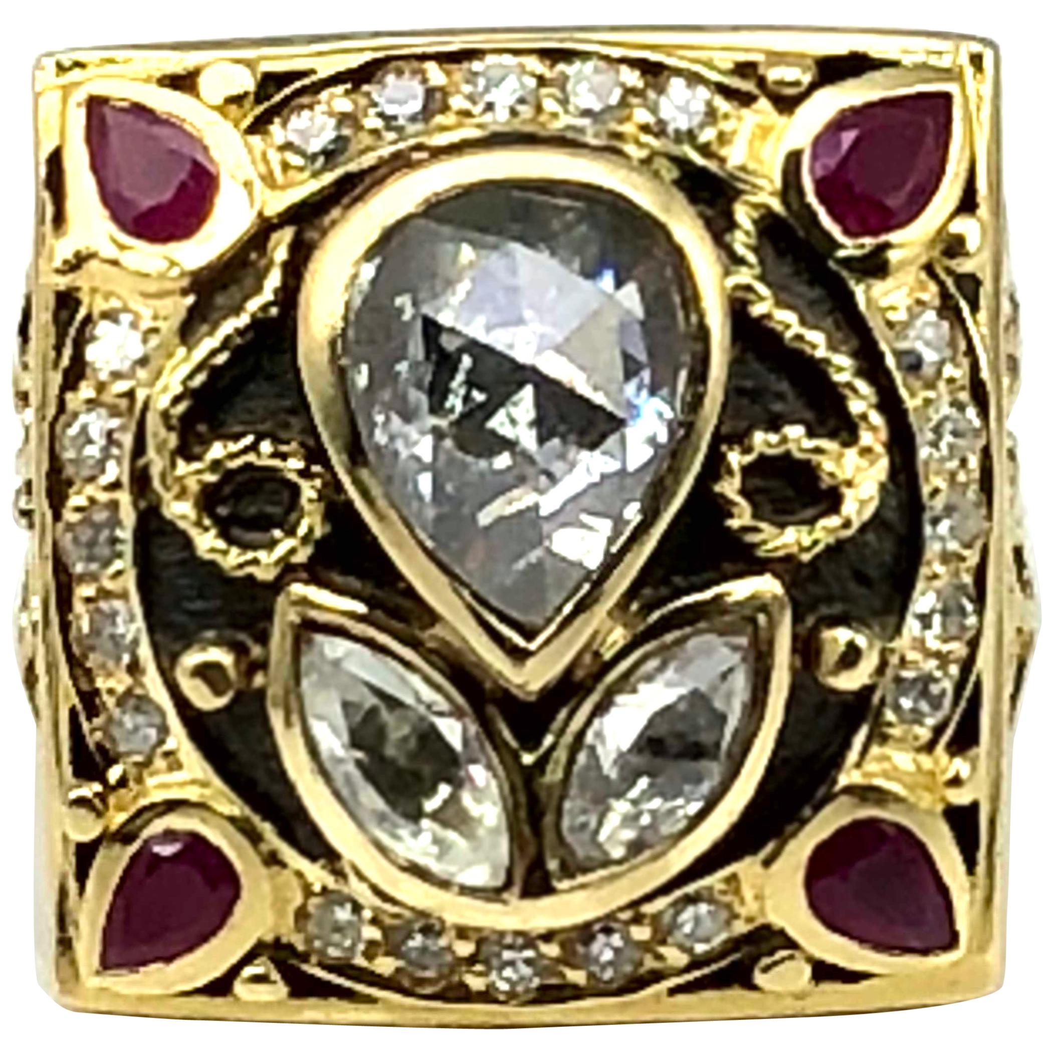 Georgios Collections 18 Karat Yellow Gold Black Rhodium Diamond Ruby Square Ring For Sale