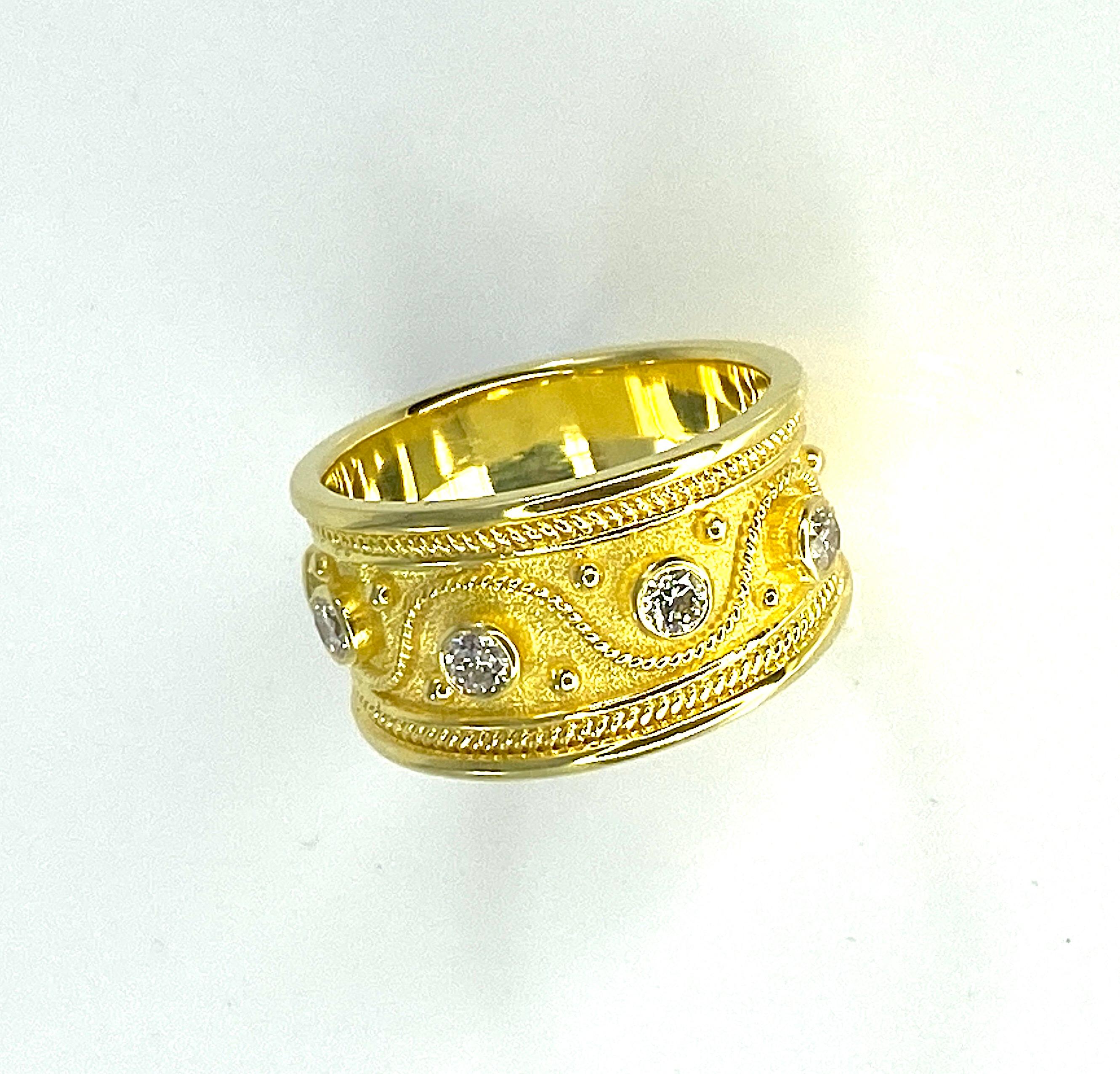 Georgios Collections 18 Karat Yellow Gold 5 Diamond Byzantine Ring Granulation For Sale 2