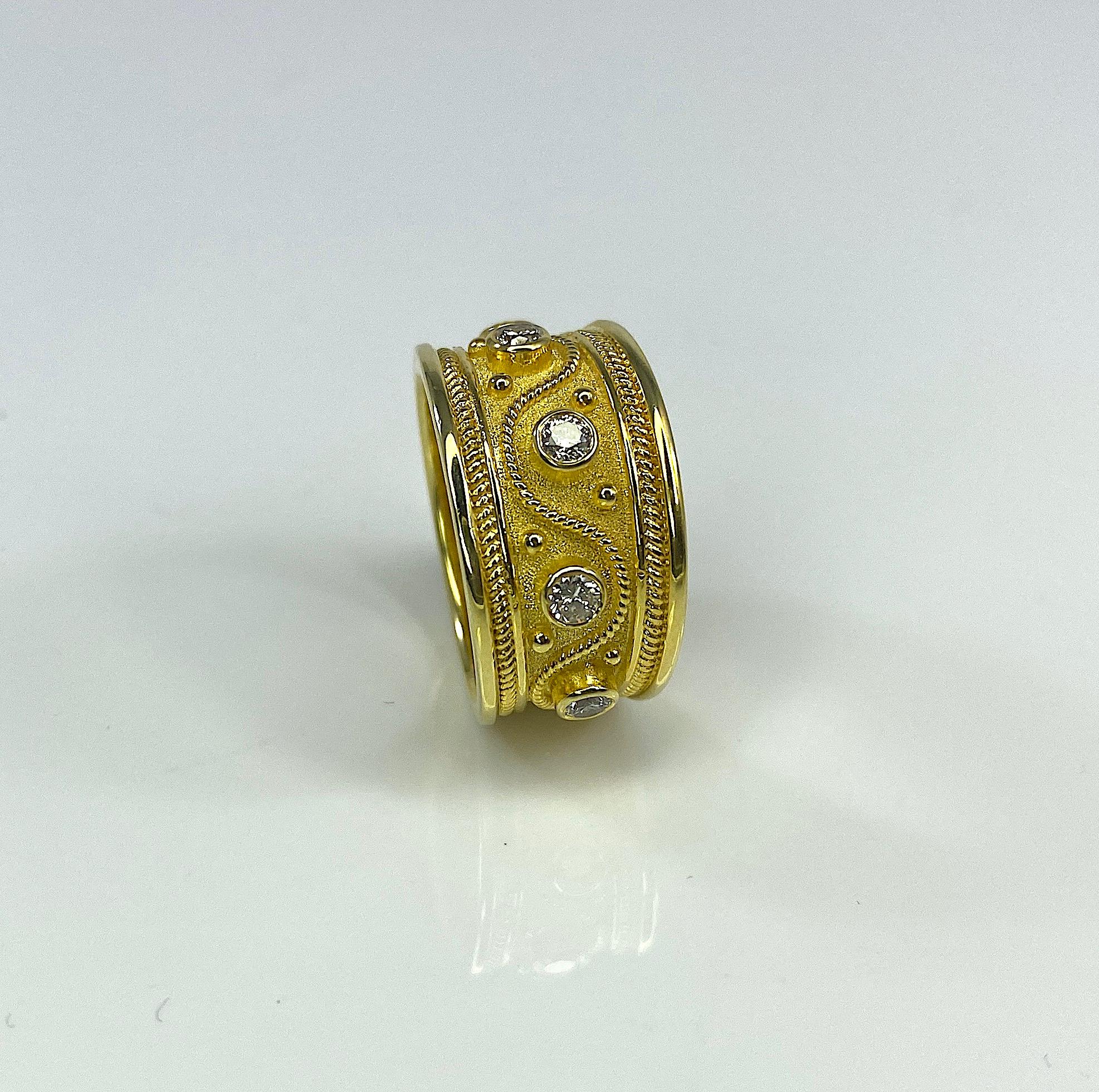 Georgios Collections 18 Karat Yellow Gold 5 Diamond Byzantine Ring Granulation For Sale 8